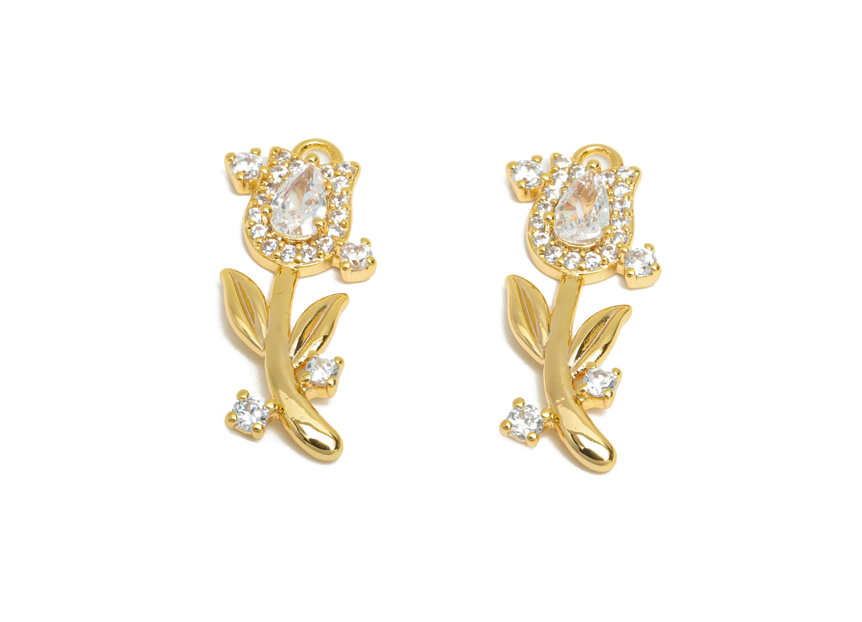 Brass Dainty Rhinestone Earring Charm - Brass Crystal Flower Pendant - Gold Sparkling Teardrop Tulip Earring Charm - 21x8x2mm - RGP10407 - DOMEDBAZAAR