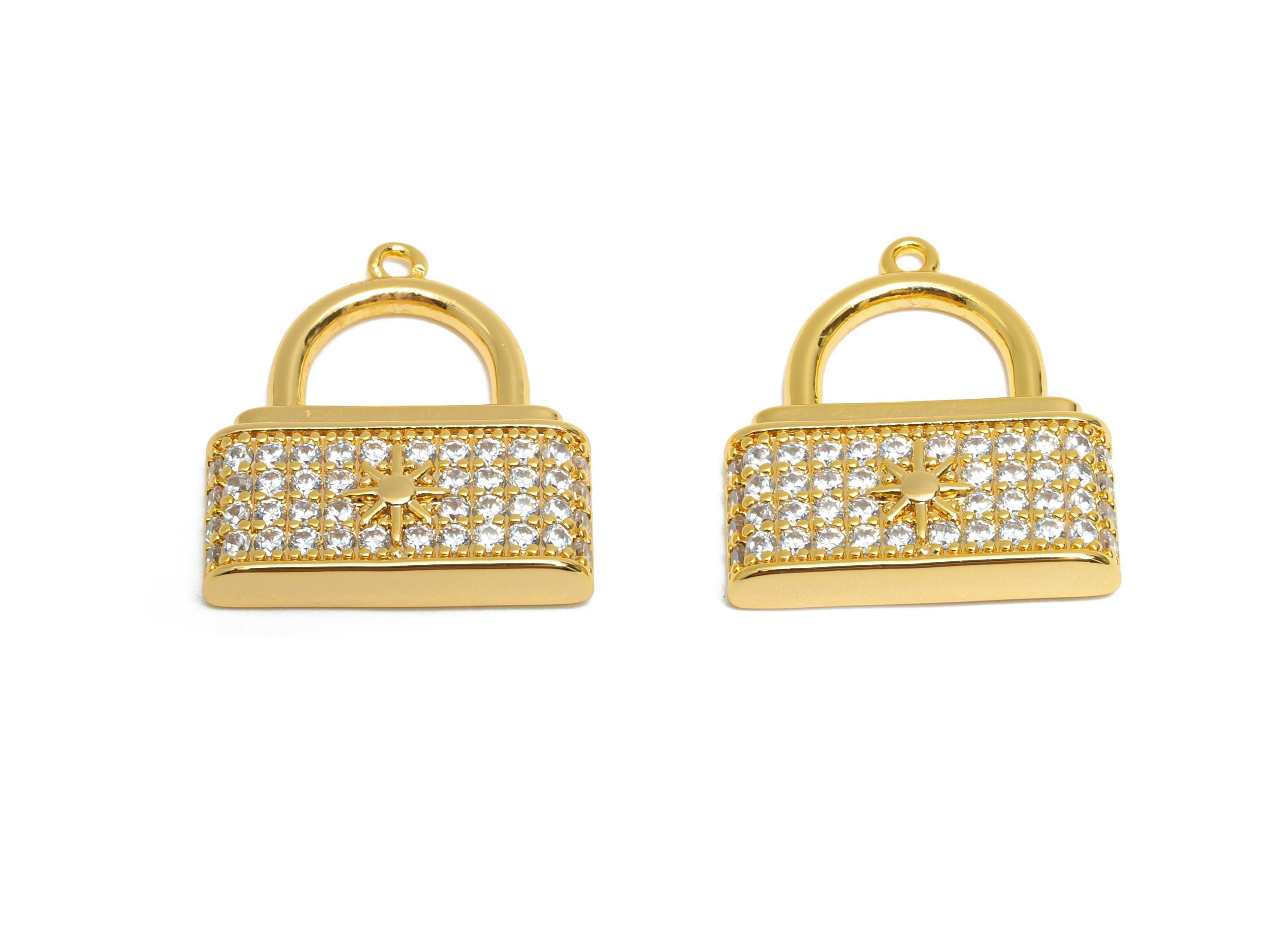 Rhinestone-Encrusted Lock Charm - Brass Trendy Pendant - Sparkling Earring Charm - Gold Decorative Cubic Zircon Lock - 20x18x3mm - RGP10398 - DOMEDBAZAAR