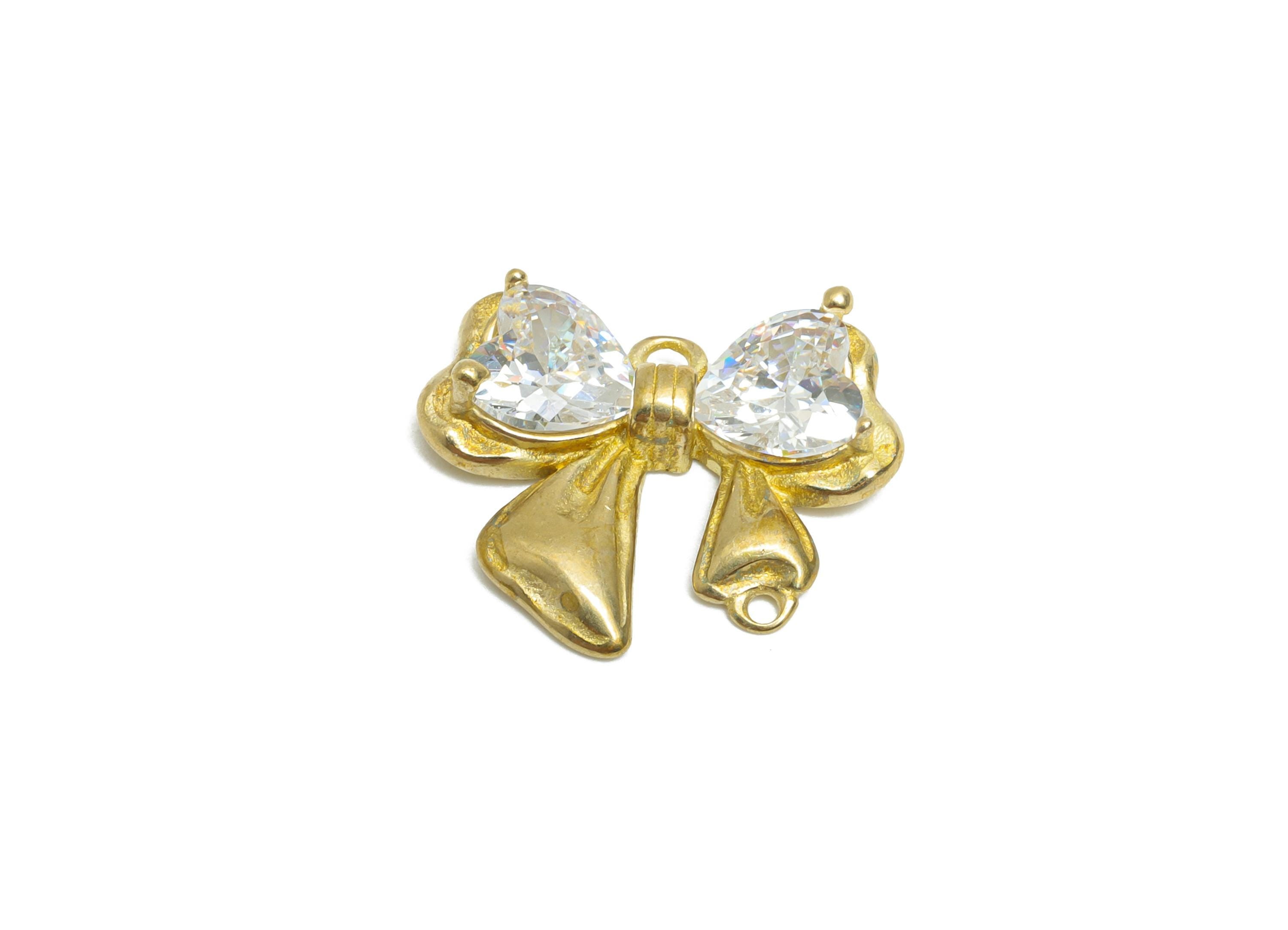 Sparking Crystal Bow Charm - Raw Brass Bow Jewelry Accessory - Rhinestone Embellished Ribbon Bow Pendant With Loop - 14x14x3mm - PP11057 - DOMEDBAZAAR