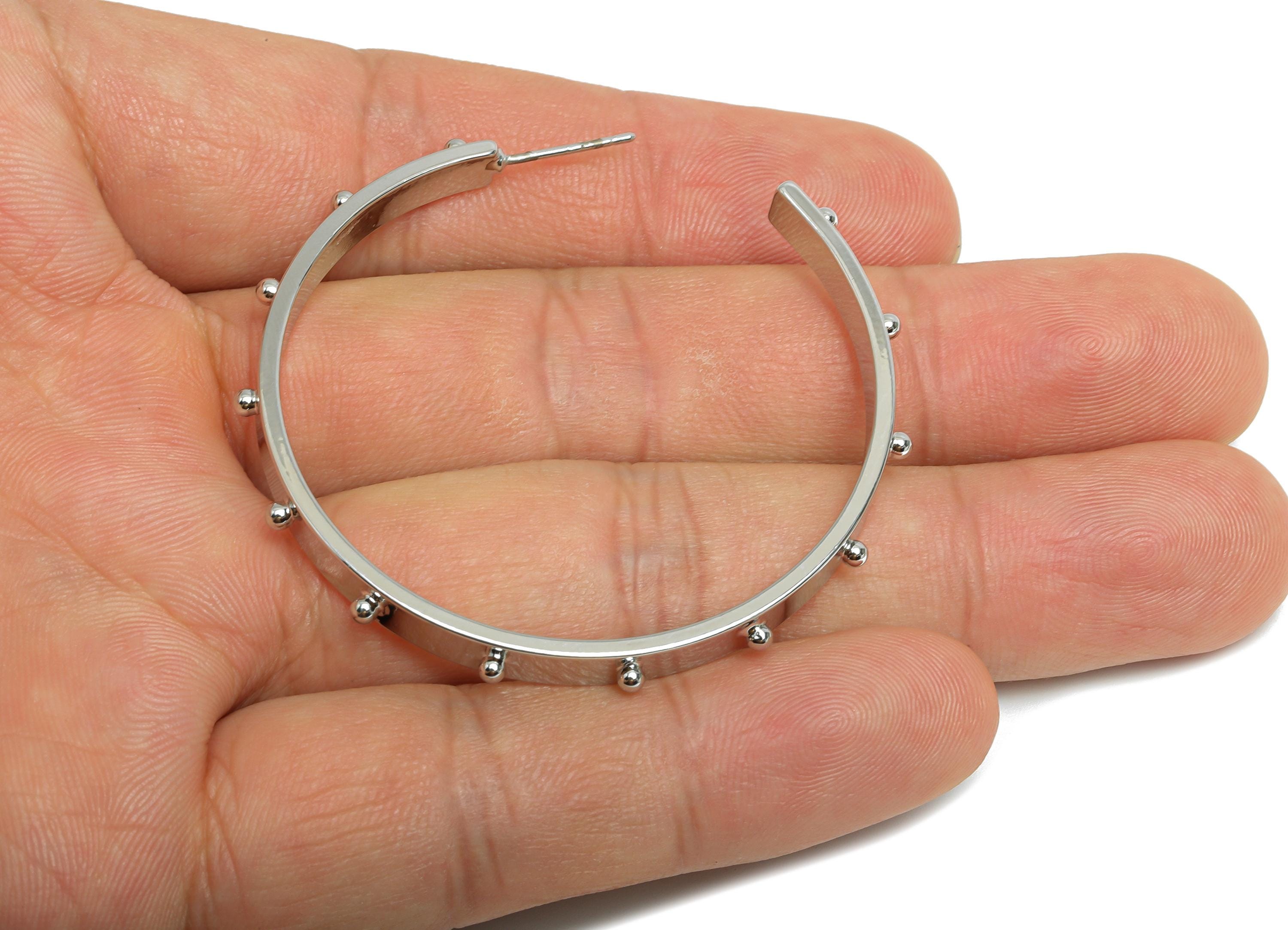 Brass Open C Hoop Earring - Silver Studded Wide Hoop Earring Stud - Brass Sleek Earring Post -18K White Gold Plated -46.8x4.5x7.6mm-RGP9525S - DOMEDBAZAAR