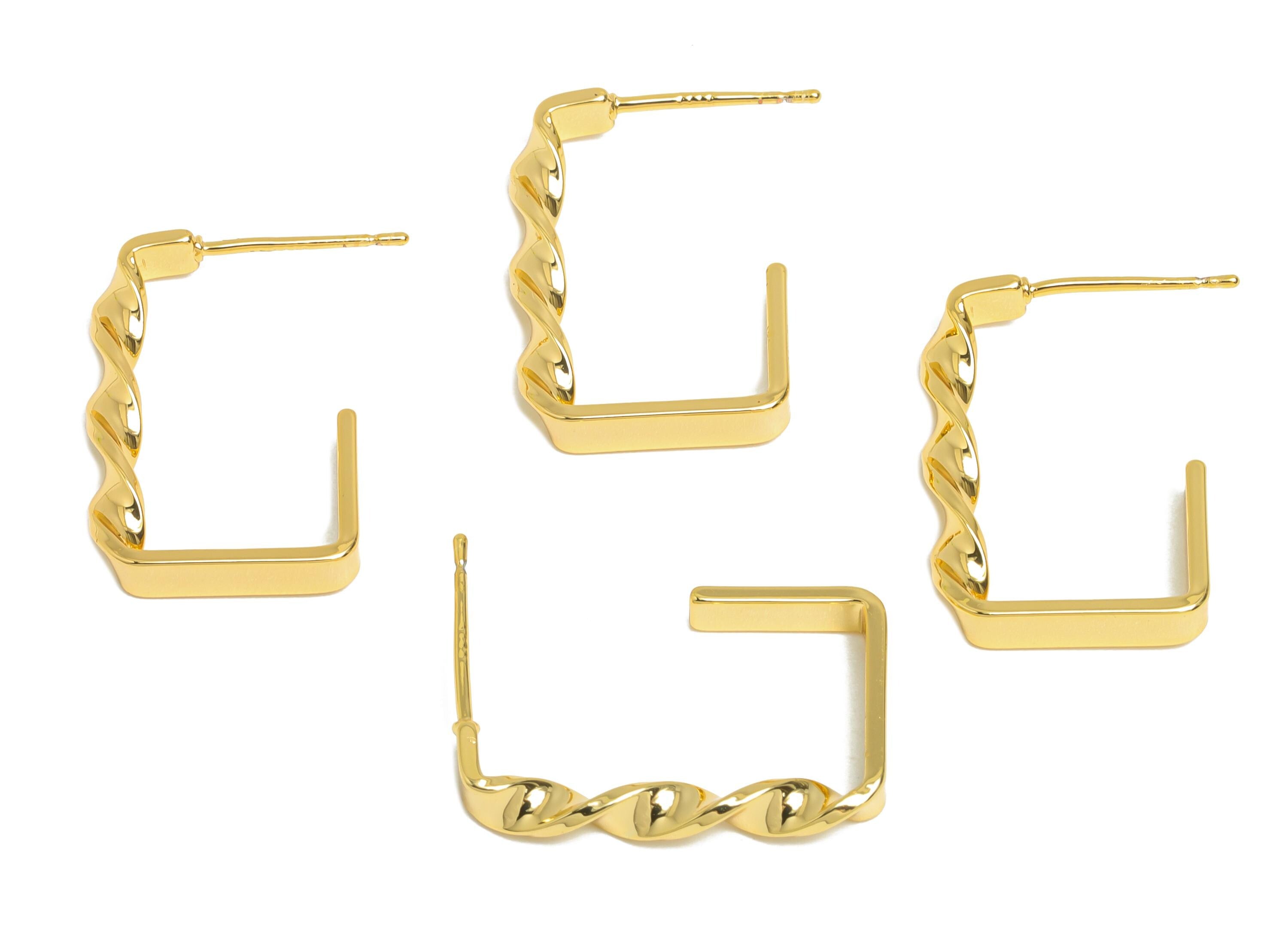 Brass Square Hoop Earrings Stud - Gold Twisted Earrings Post - Geometric Textured Earrings - 18K Real Gold-Plated Brass -22x15x3mm - RGP9522 - DOMEDBAZAAR