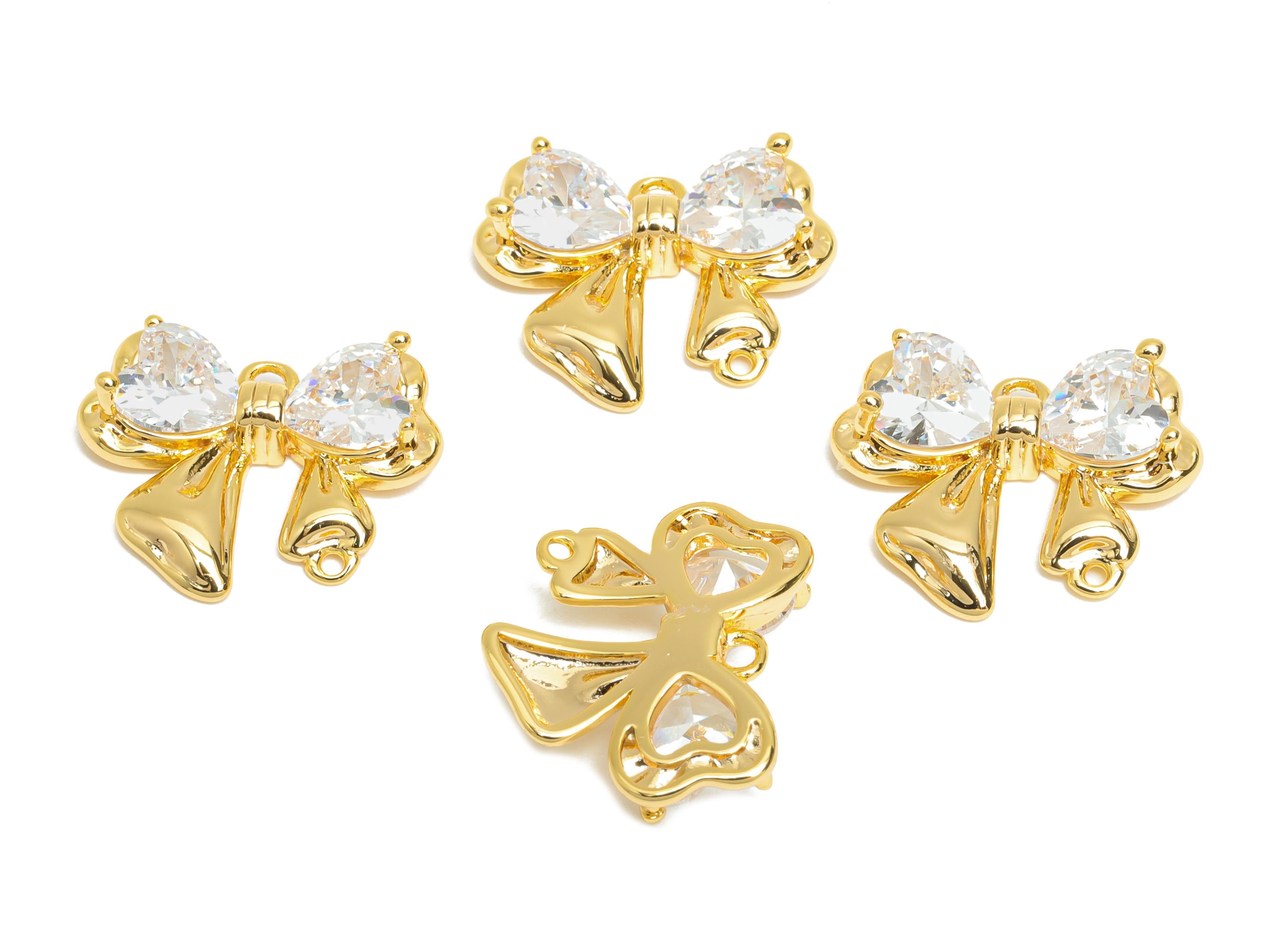 Sparking Crystal Bow Charm - Gold Brass Bow Jewelry Accessory - Rhinestone Embellished Ribbon Bow Pendant With Loop - 14x14x3mm - RGP10401 - DOMEDBAZAAR