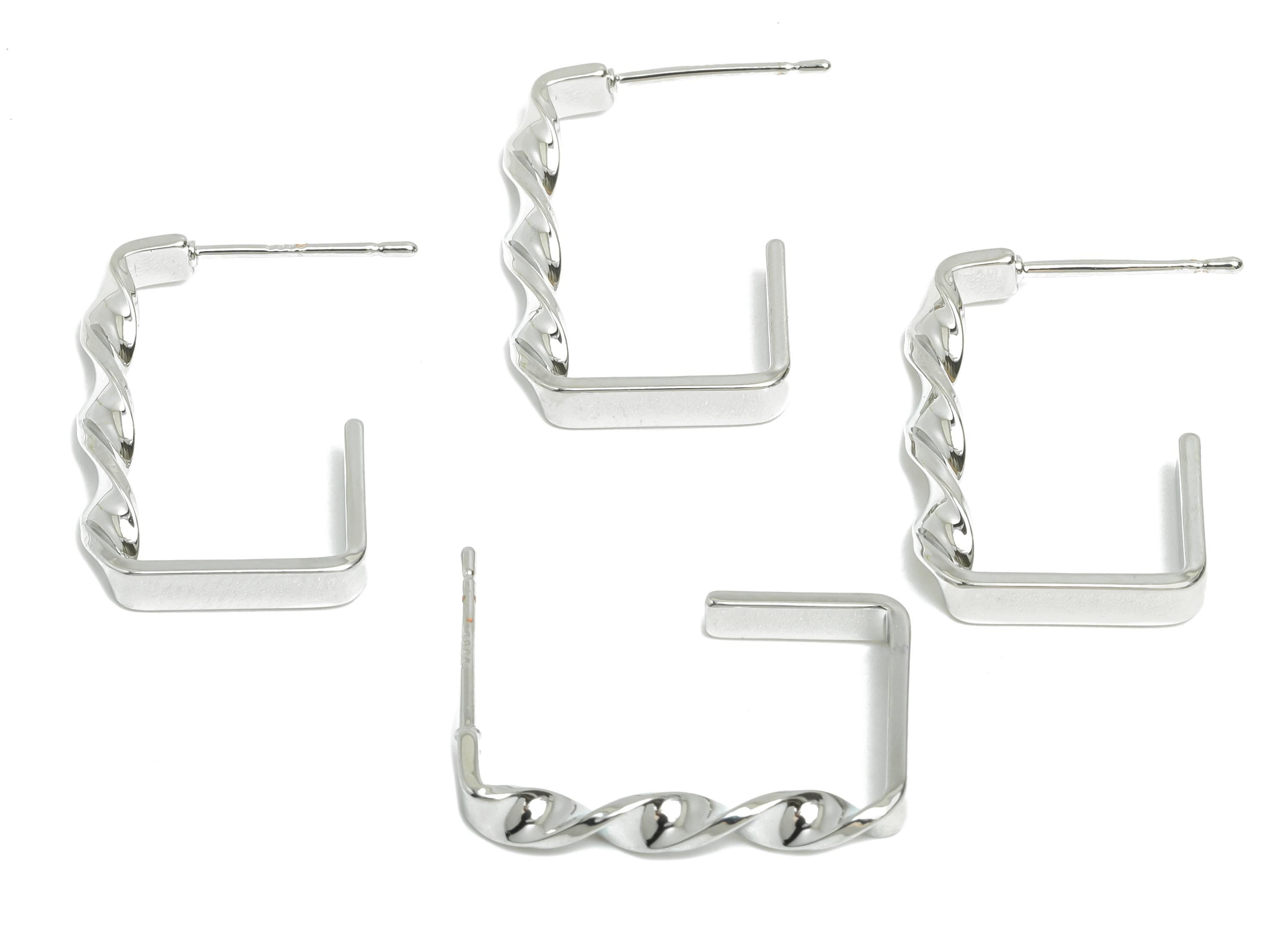 Brass Square Hoop Earring Stud - Silver Twisted Earring Post - Geometric Textured Earring - 18K Real White Gold-Plated - 22x15x3mm -RGP9522S - DOMEDBAZAAR