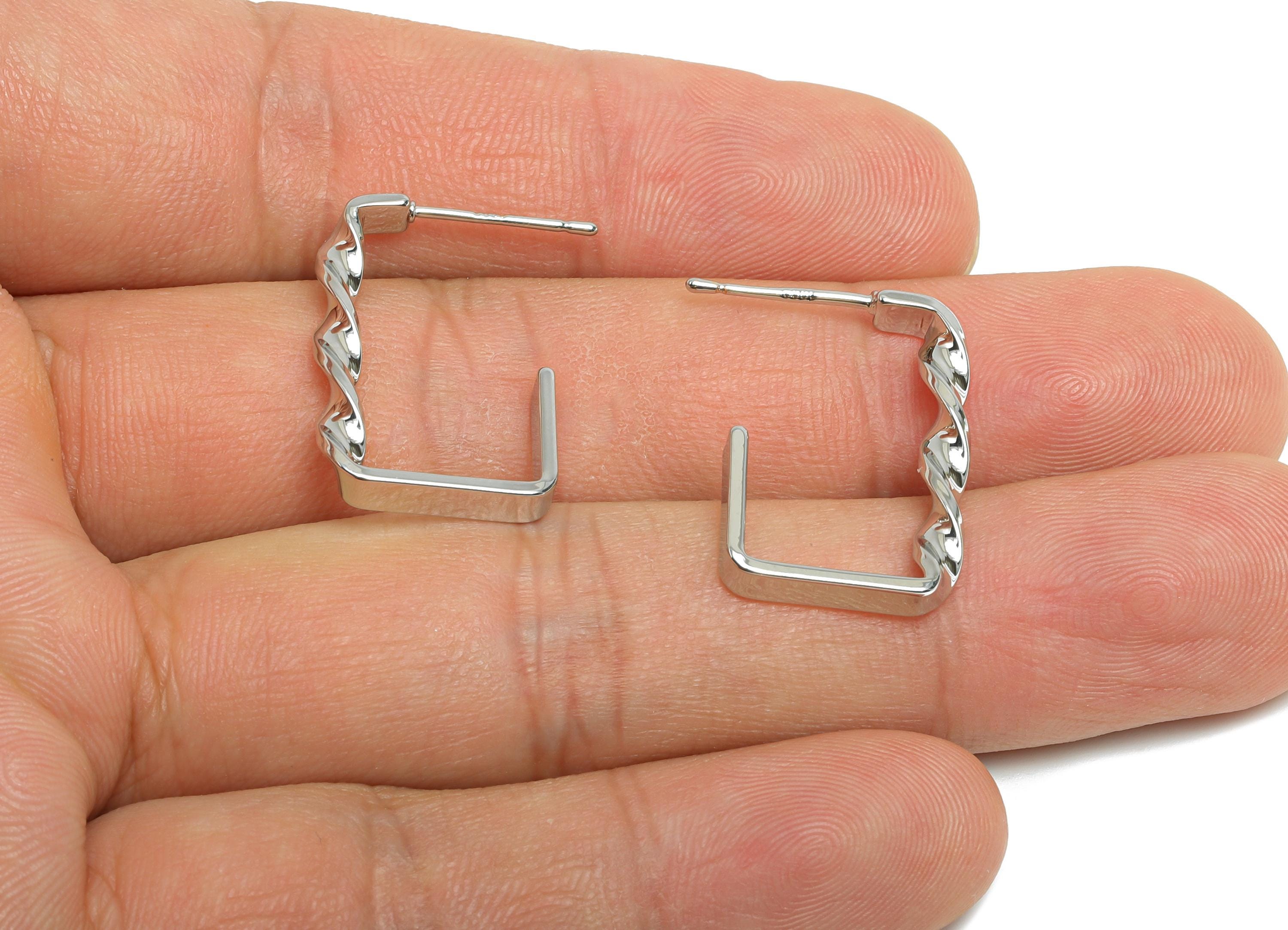 Brass Square Hoop Earring Stud - Silver Twisted Earring Post - Geometric Textured Earring - 18K Real White Gold-Plated - 22x15x3mm -RGP9522S - DOMEDBAZAAR
