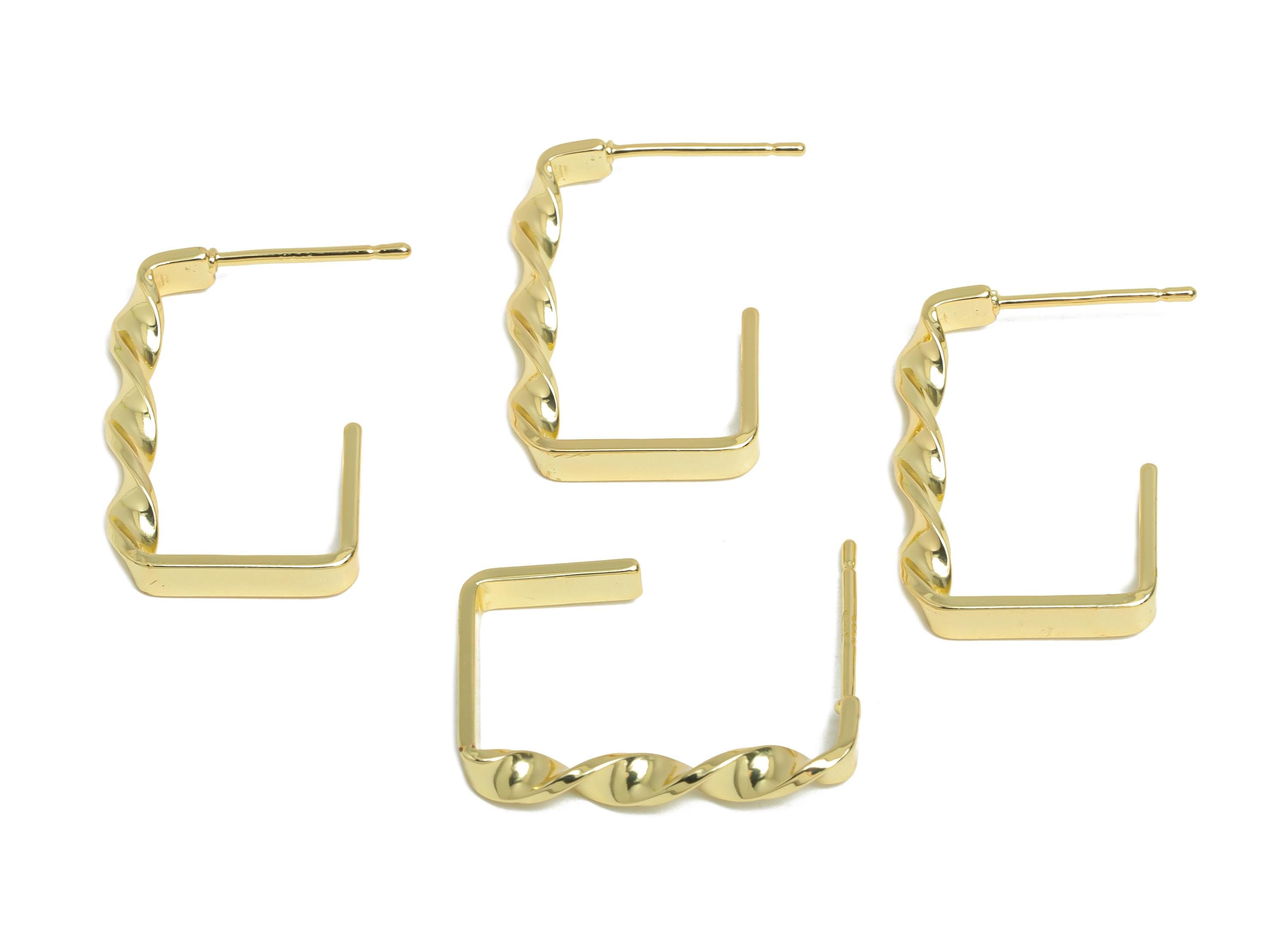 Brass Square Hoop Earring Stud - Gold Twisted Earring Post - Geometric Textured Earring - 14K Real Gold-Plated Brass -22x15x3mm - RGP9522-14 - DOMEDBAZAAR