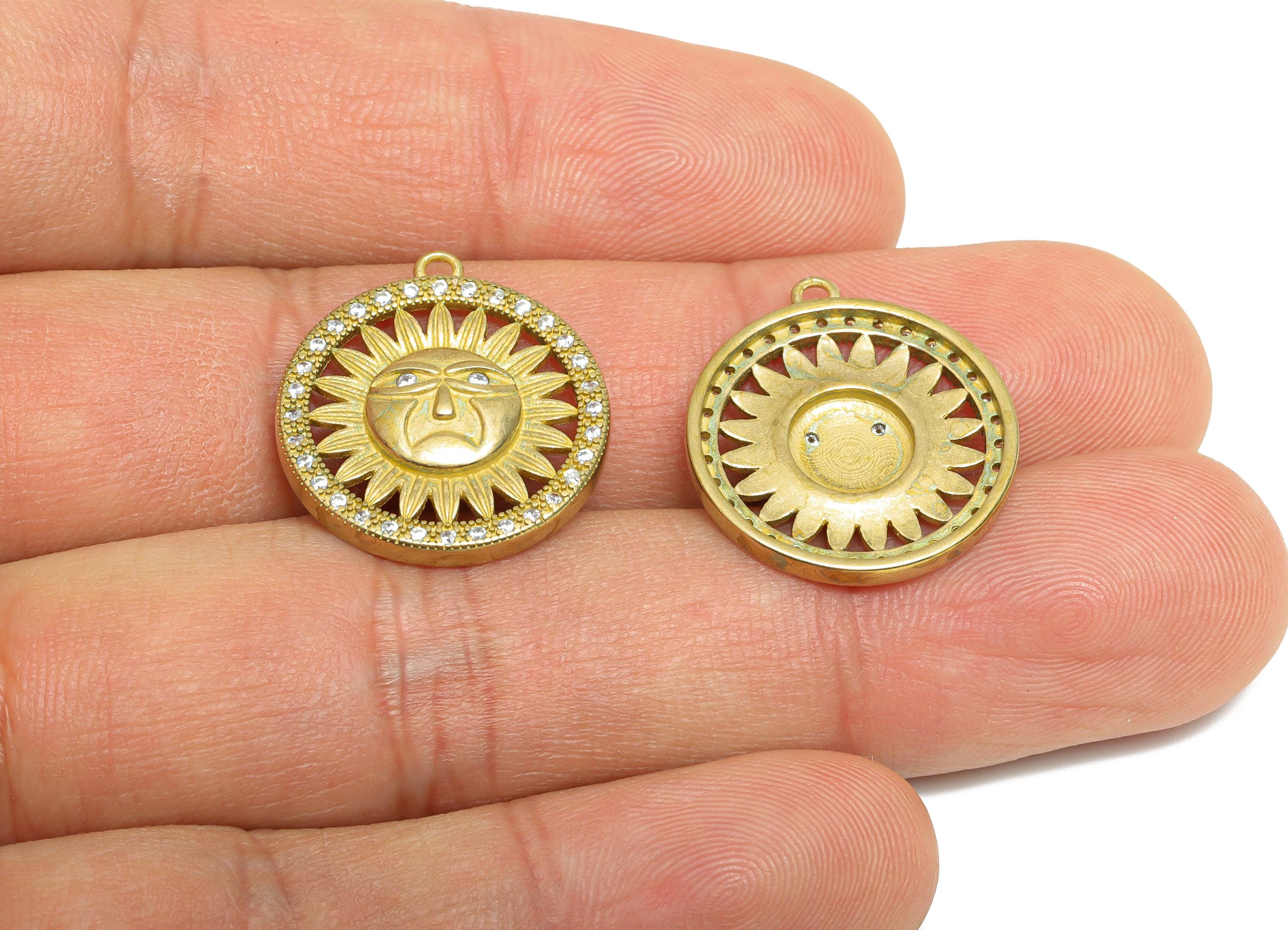 Sparking Crystal Charm - Raw Brass Boho Sun Jewelry - Brass Sun Motif Pendant - Sunburst Rhinestone Pendant - 21x19x3mm - PP11050 - DOMEDBAZAAR