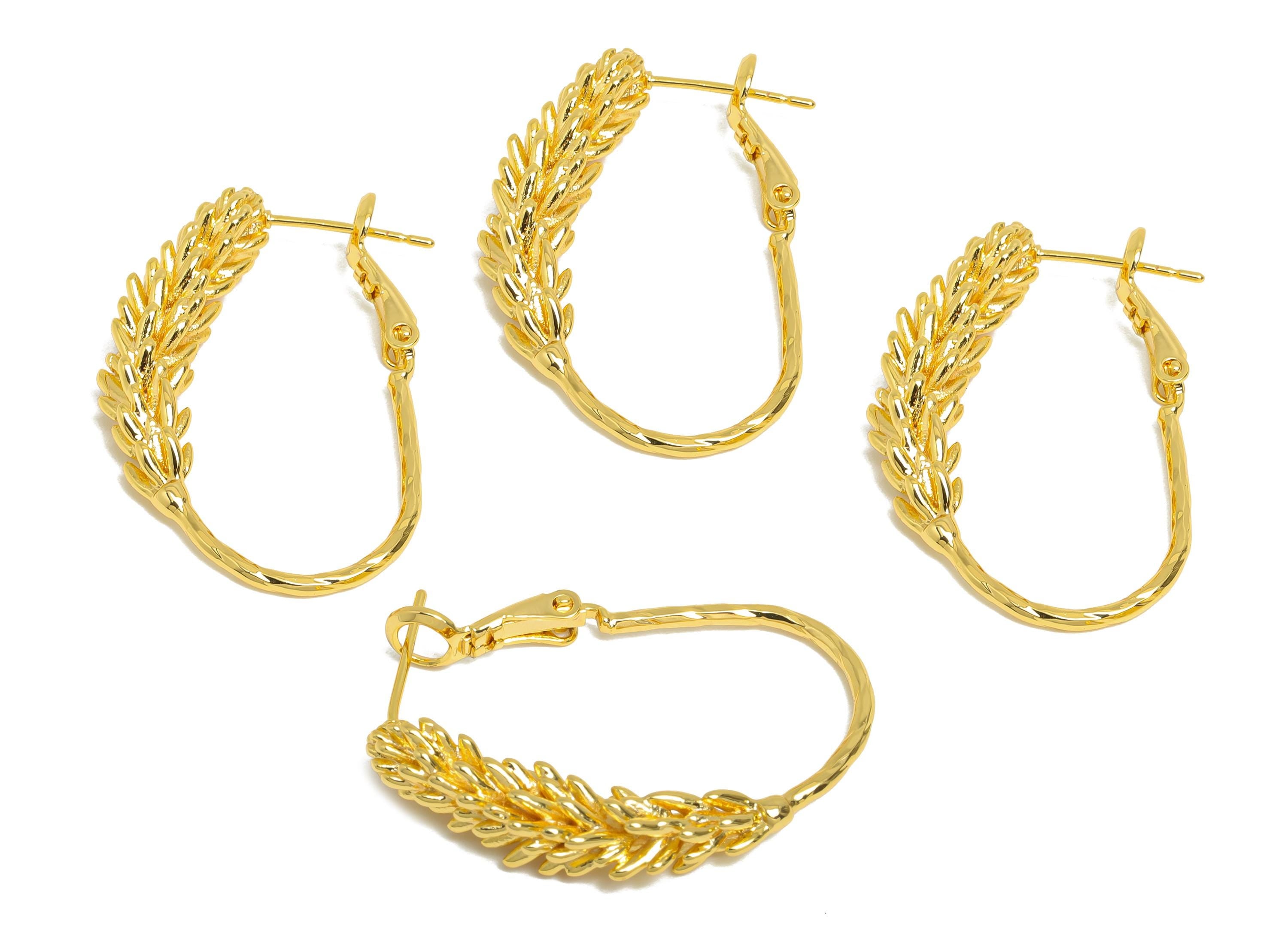 Brass Wheat Ears Earring - Gold Textured Plant Earring - Delicate Clasp Back Earrings - 18K Real Gold-Plated Brass - 33x21x5.8mm - RGP9528 - DOMEDBAZAAR