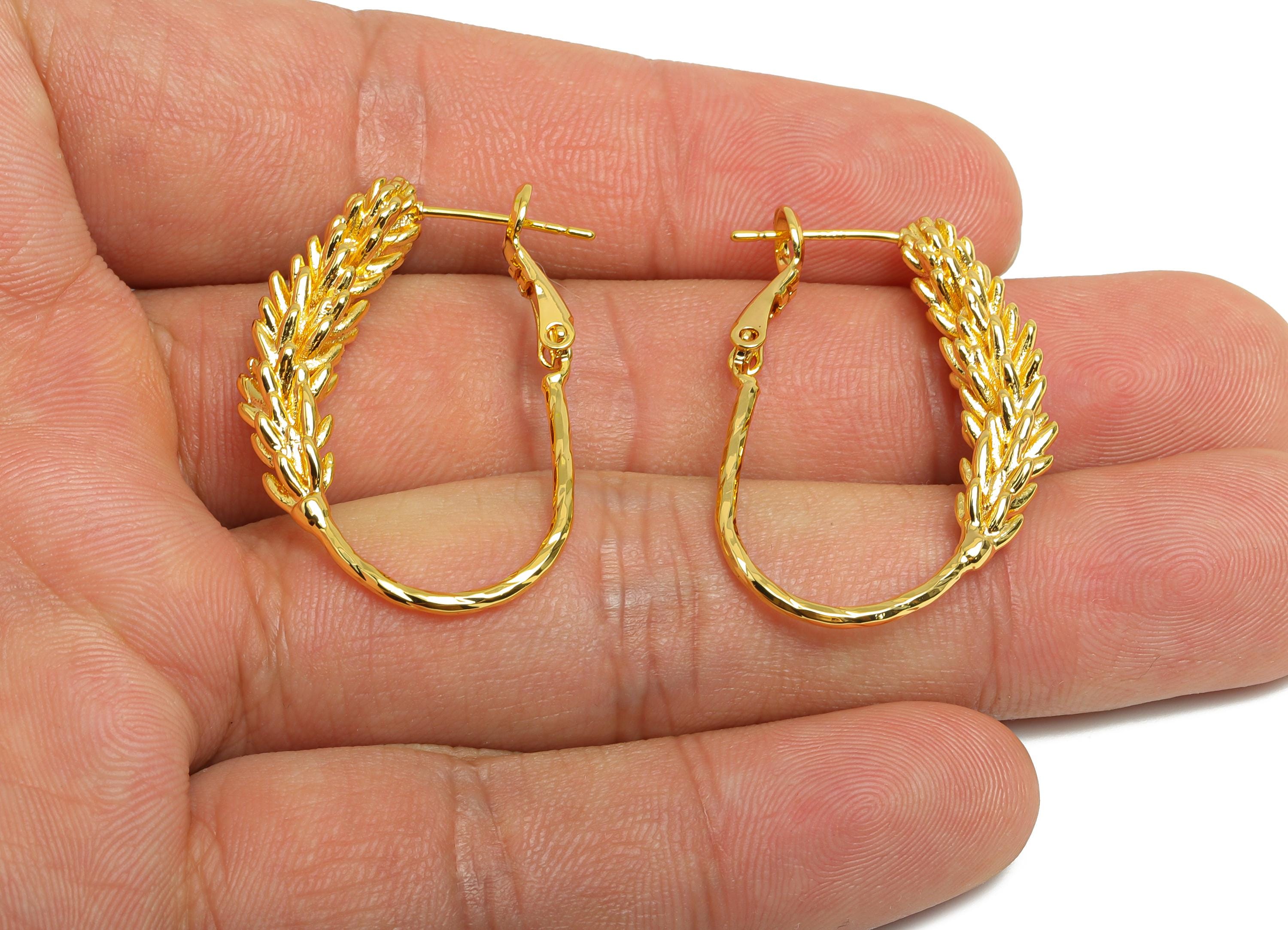 Brass Wheat Ears Earring - Gold Textured Plant Earring - Delicate Clasp Back Earrings - 18K Real Gold-Plated Brass - 33x21x5.8mm - RGP9528 - DOMEDBAZAAR