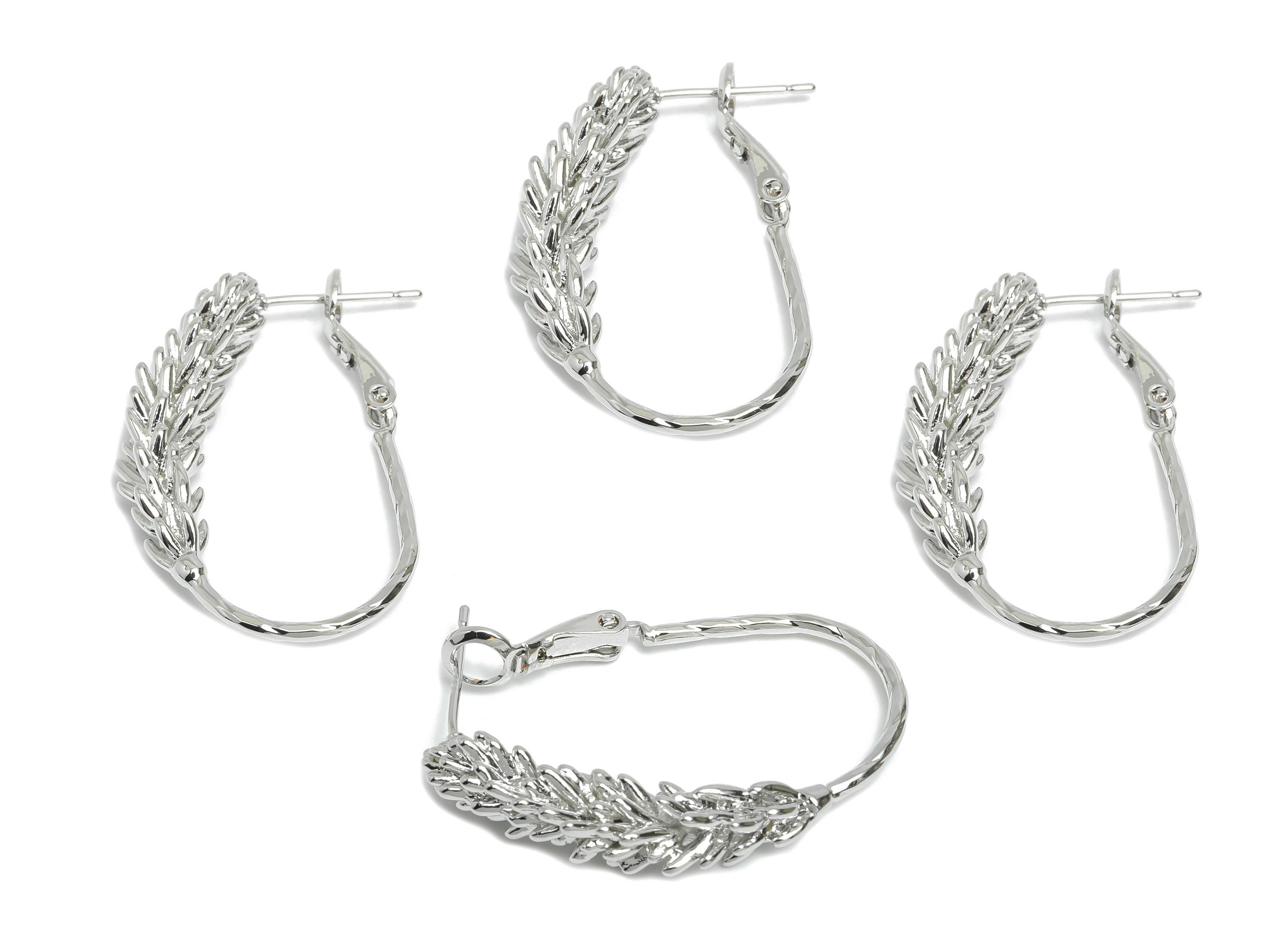 Brass Wheat Ears Earring - Silver Textured Plant Earring - Delicate Clasp Back Earring - 18K Real White Gold-Plated - 33x21x5.8mm - RGP9528S - DOMEDBAZAAR