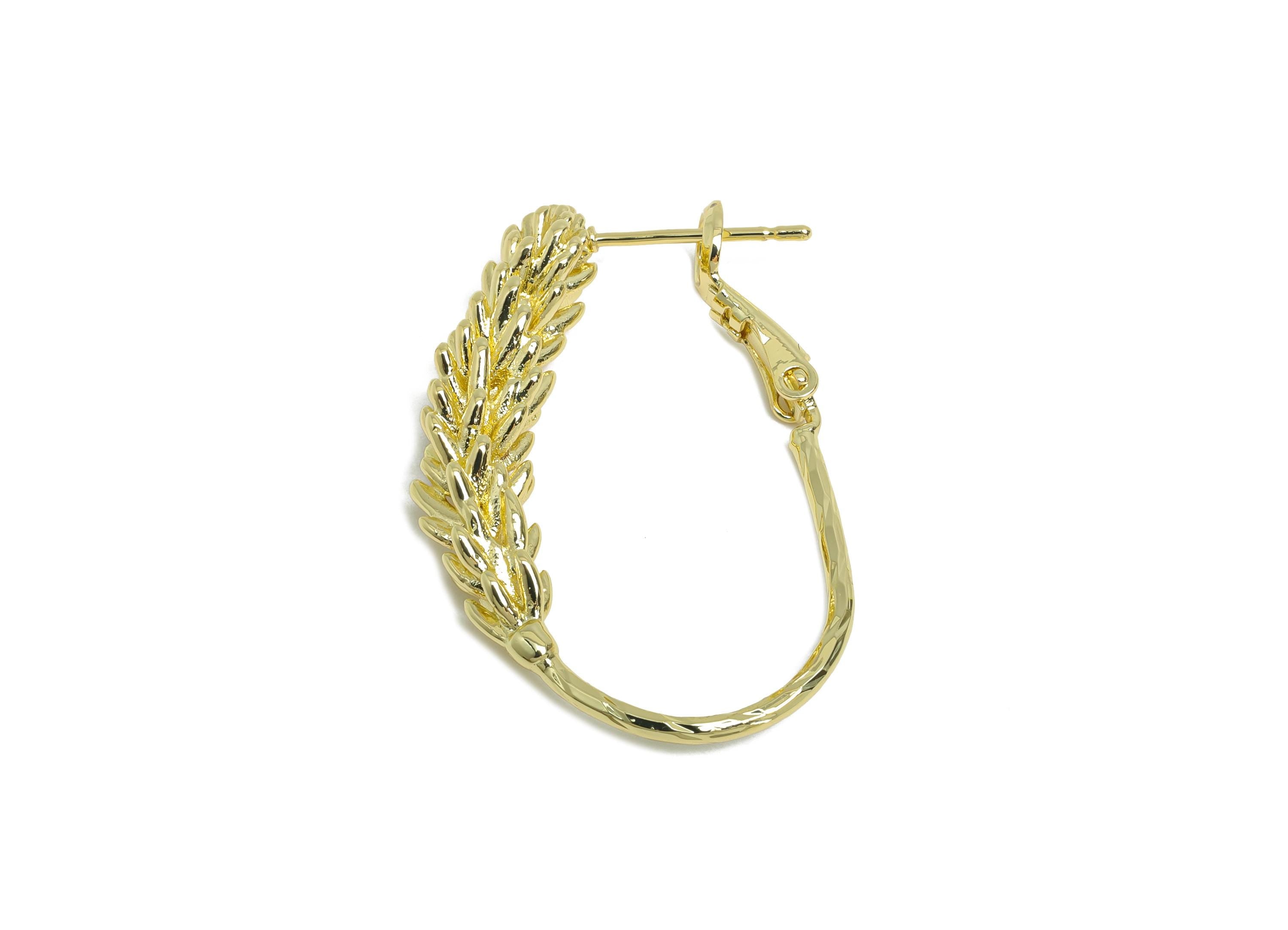 Brass Wheat Ears Earring - Gold Textured Plant Earring - Delicate Clasp Back Earrings - 14K Real Gold-Plated Brass - 33x21x5.8mm -RGP9528-14 - DOMEDBAZAAR