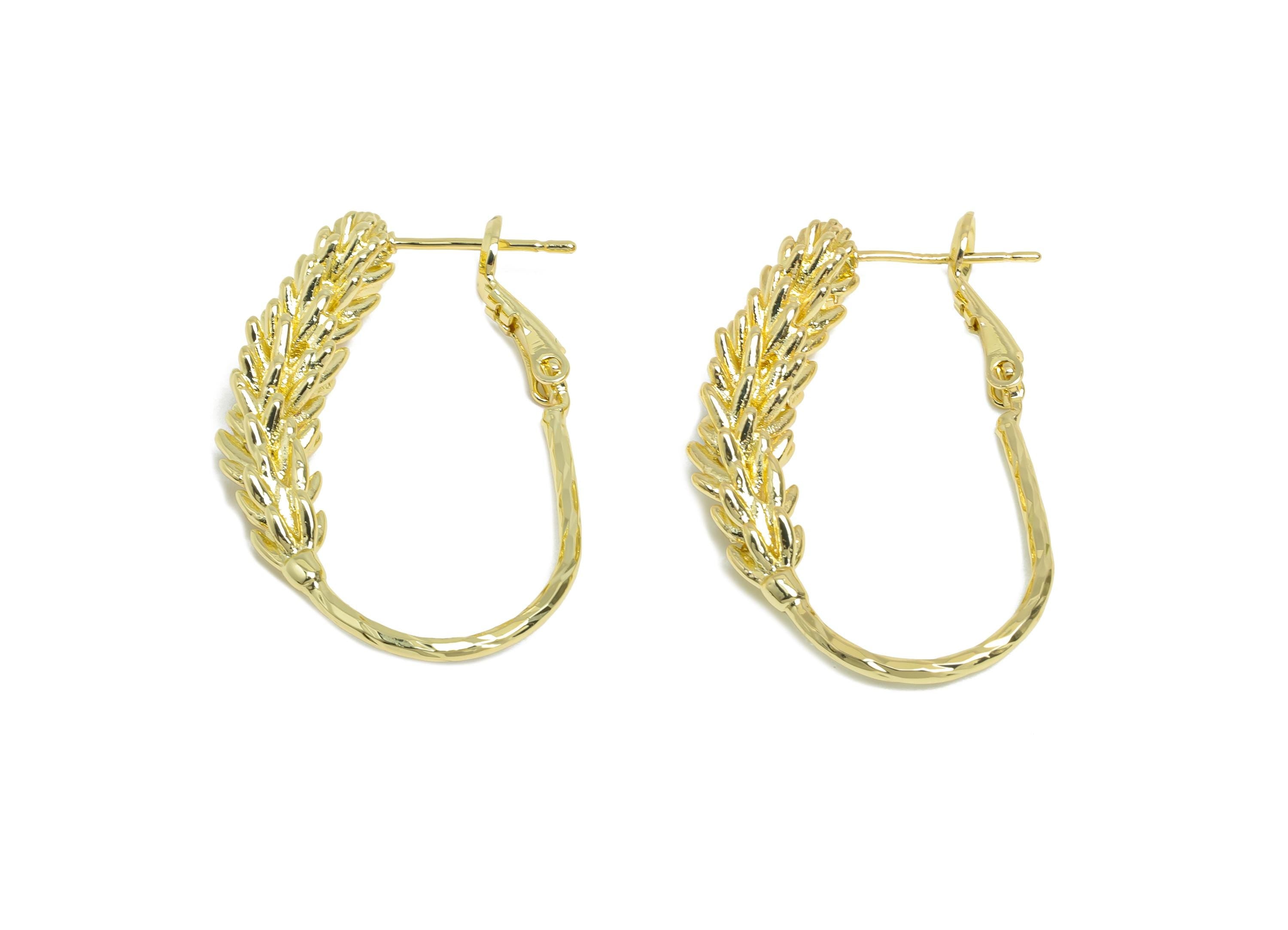 Brass Wheat Ears Earring - Gold Textured Plant Earring - Delicate Clasp Back Earrings - 14K Real Gold-Plated Brass - 33x21x5.8mm -RGP9528-14 - DOMEDBAZAAR