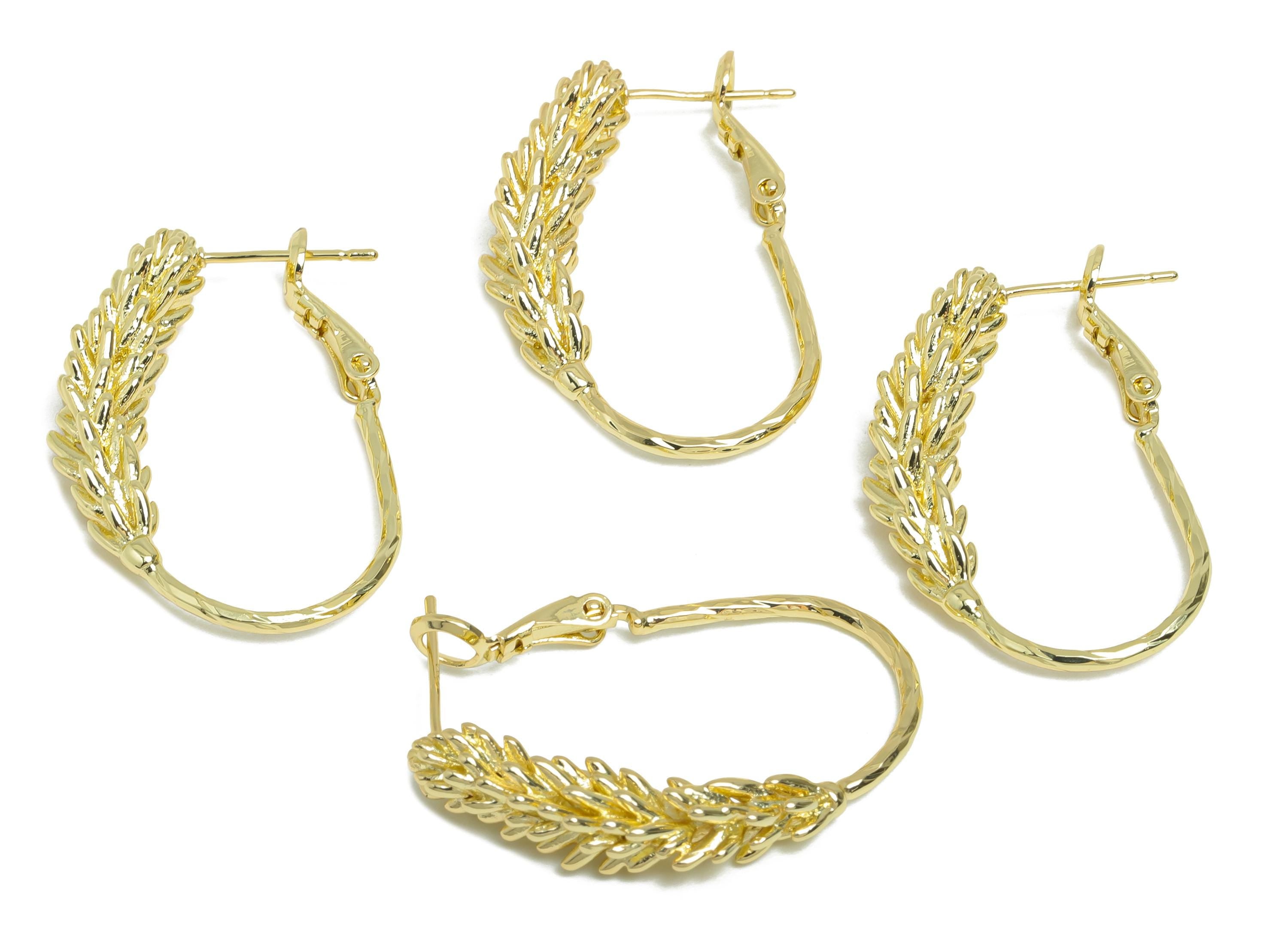 Brass Wheat Ears Earring - Gold Textured Plant Earring - Delicate Clasp Back Earrings - 14K Real Gold-Plated Brass - 33x21x5.8mm -RGP9528-14 - DOMEDBAZAAR