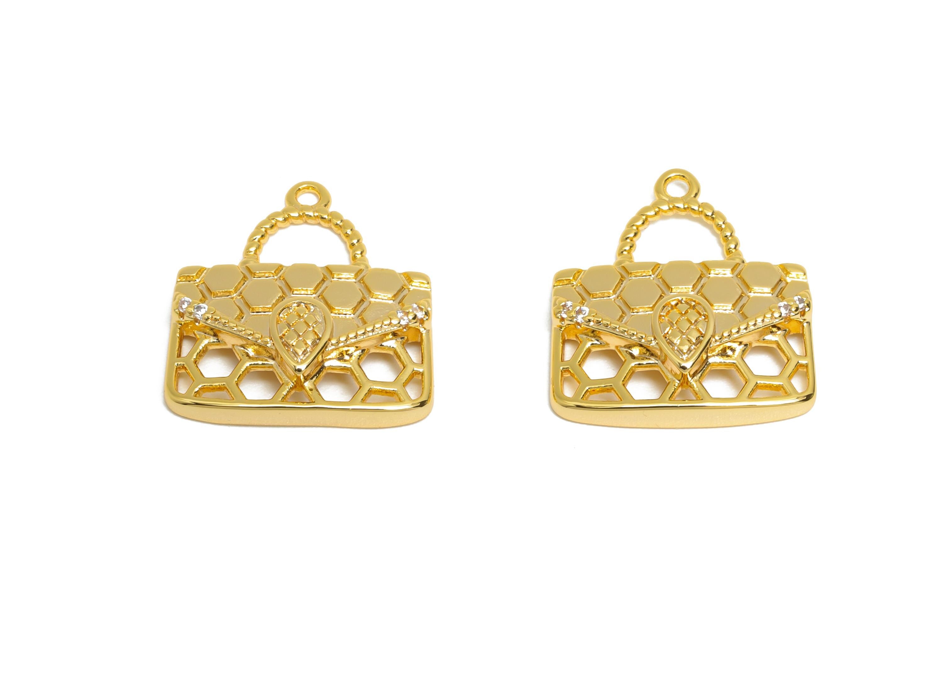Brass Zircon Handbag Charm - Brass Zircon Hollow Elegant Bag Pendant - Gold Fashionable Charm - 18k Real Gold Plating - 17x15x3mm - RGP10395 - DOMEDBAZAAR