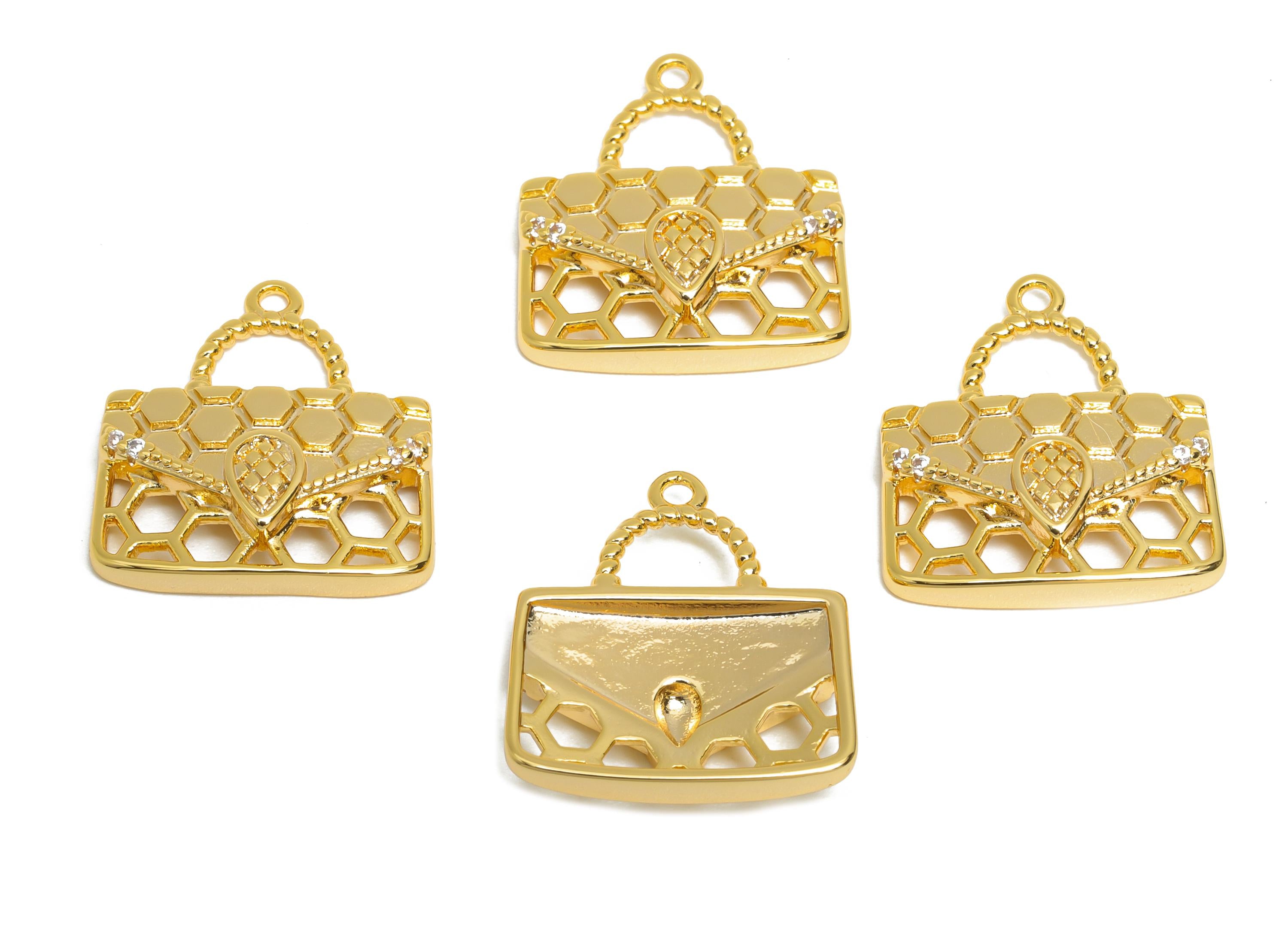 Brass Zircon Handbag Charm - Brass Zircon Hollow Elegant Bag Pendant - Gold Fashionable Charm - 18k Real Gold Plating - 17x15x3mm - RGP10395 - DOMEDBAZAAR