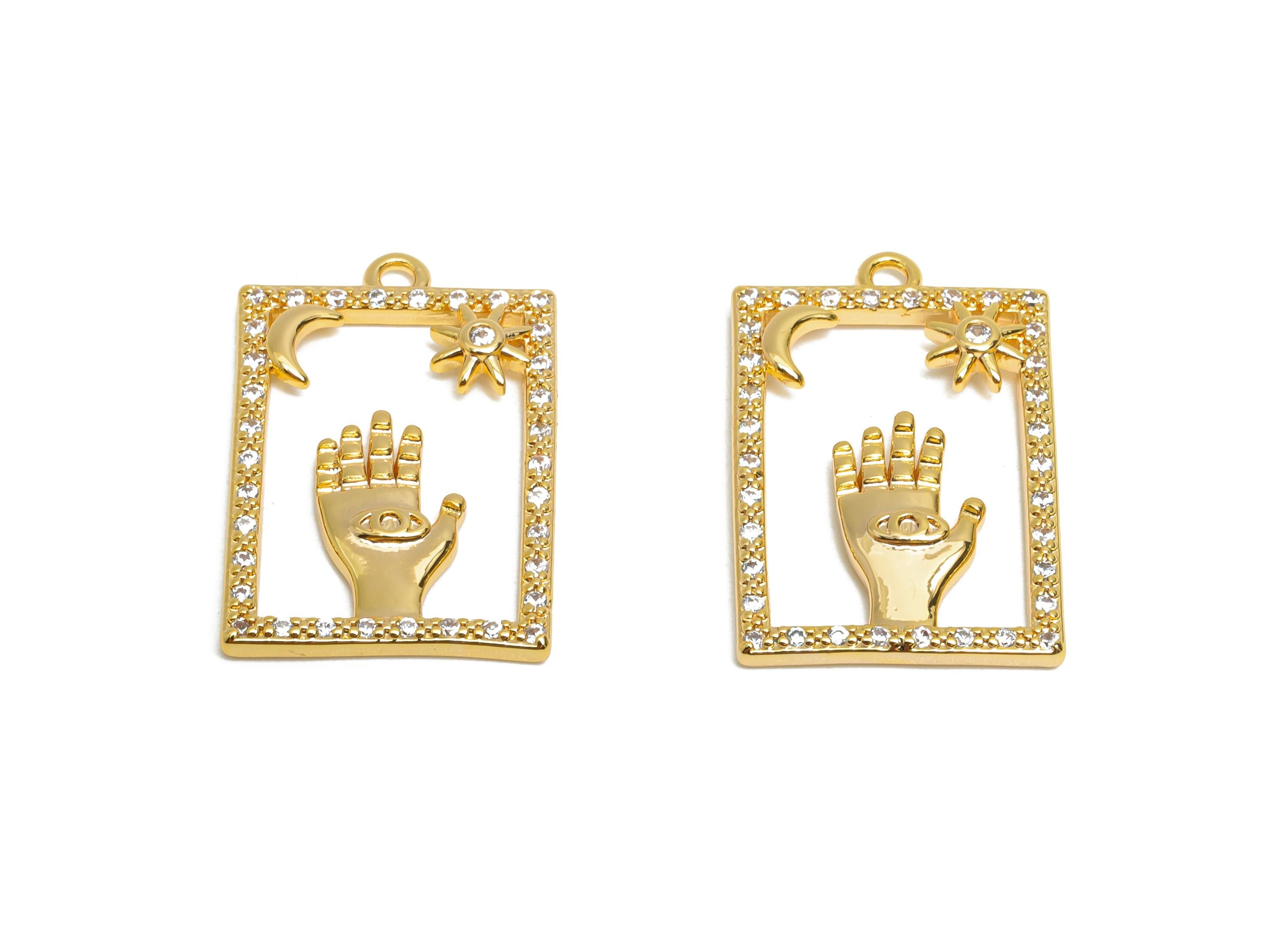 CZ Boho Mystical Charm - Brass Dazzling Moon and Sun Frame Pendant - Sparkling Hand Sign Eye - 18K Real Gold Plated - 21x14x2mm - RGP10408 - DOMEDBAZAAR