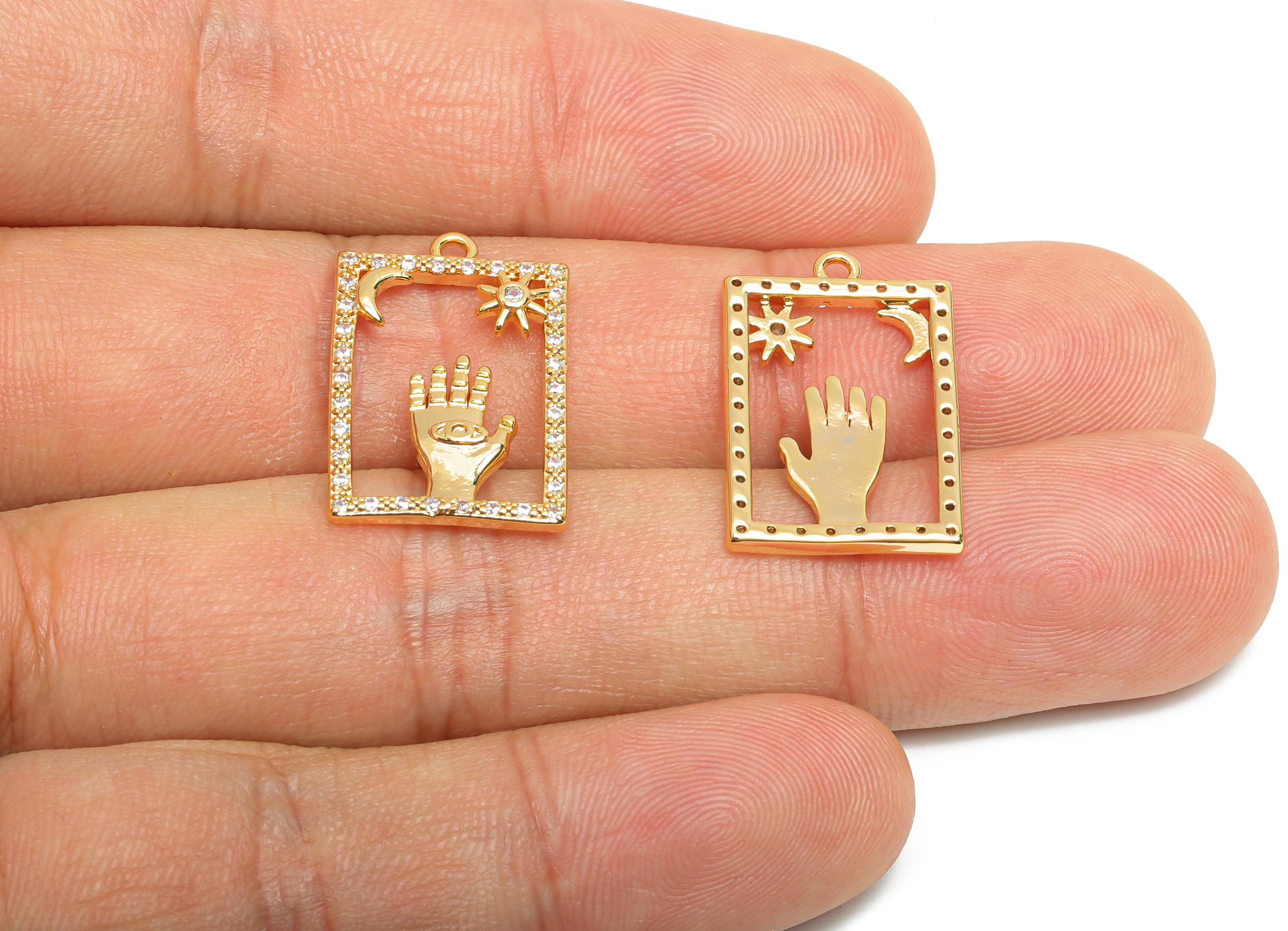CZ Boho Mystical Charm - Brass Dazzling Moon and Sun Frame Pendant - Sparkling Hand Sign Eye - 18K Real Gold Plated - 21x14x2mm - RGP10408 - DOMEDBAZAAR