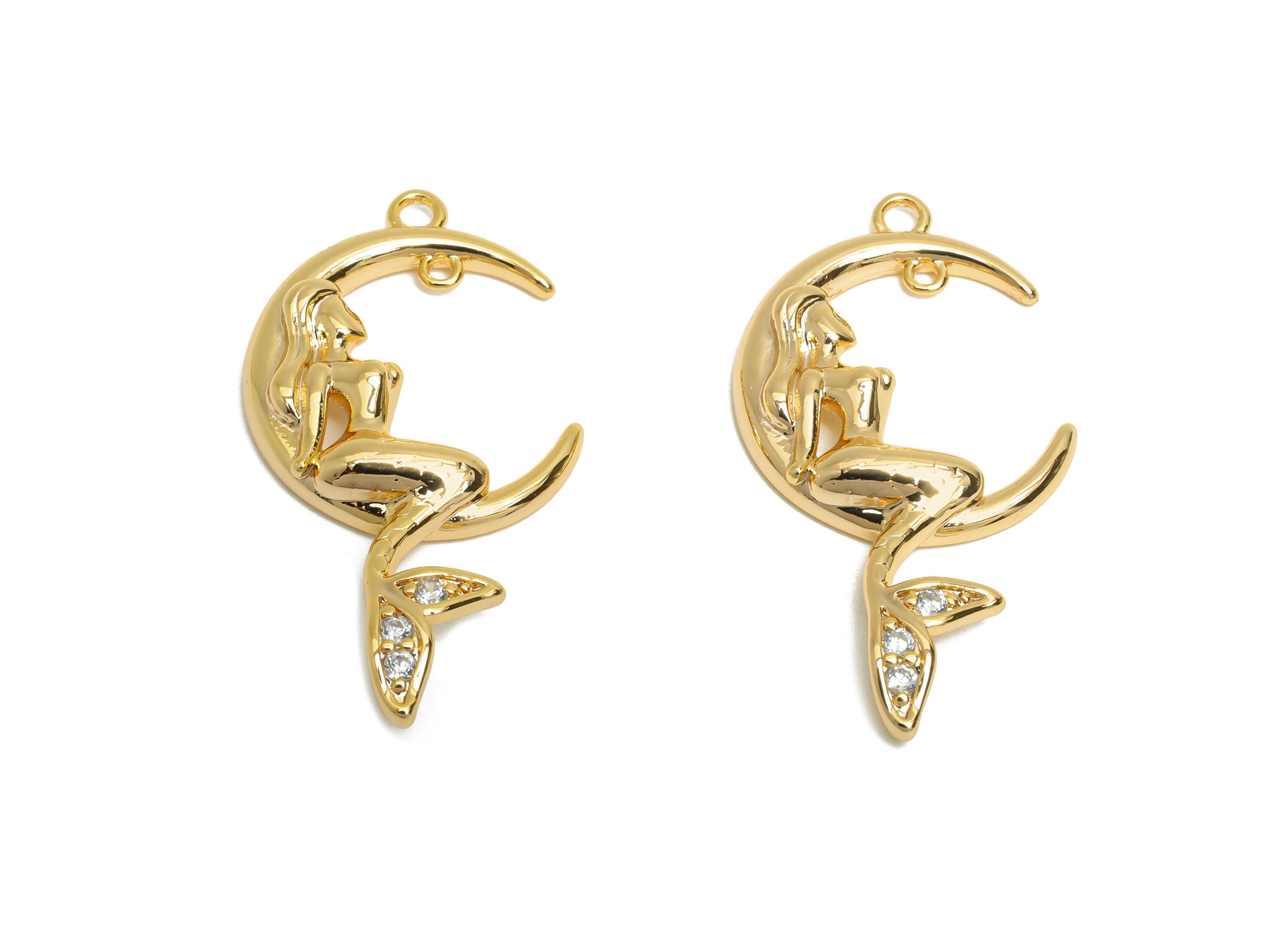 Mermaid Earring Charm - Brass Crescent Pendant - CZ Sparkling Lover Gift - Feminine Energy Charm - 18k Real Gold Plated -29x15x3mm-RGP10411 - DOMEDBAZAAR