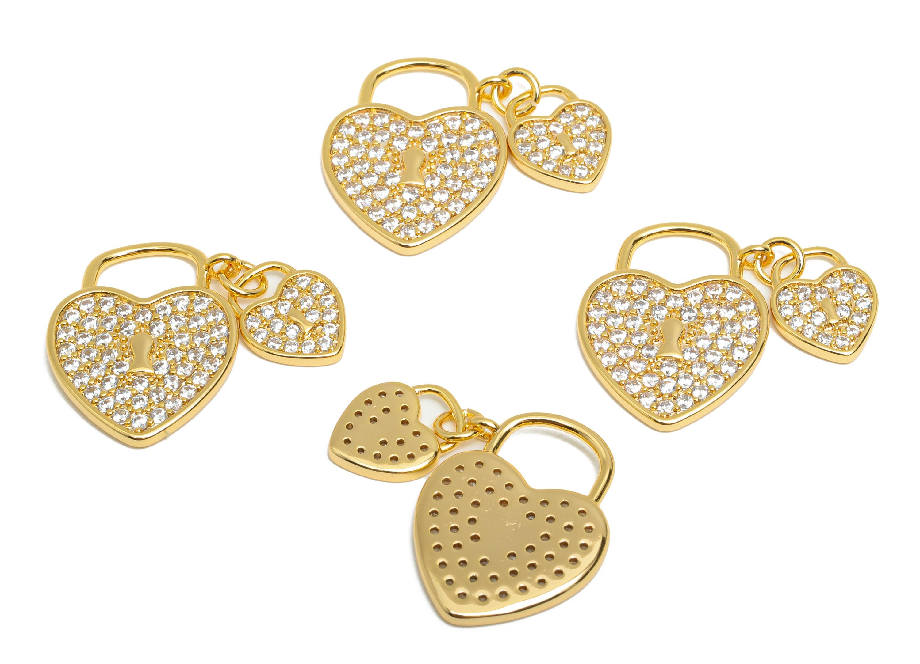 Brass Lock Charm - Brass Sparkling Heart Pendant - CZ Romantic Crystal Couple's Jewelry Charm - 18k Real Gold Plated - 19x23x2mm - RGP10399 - DOMEDBAZAAR