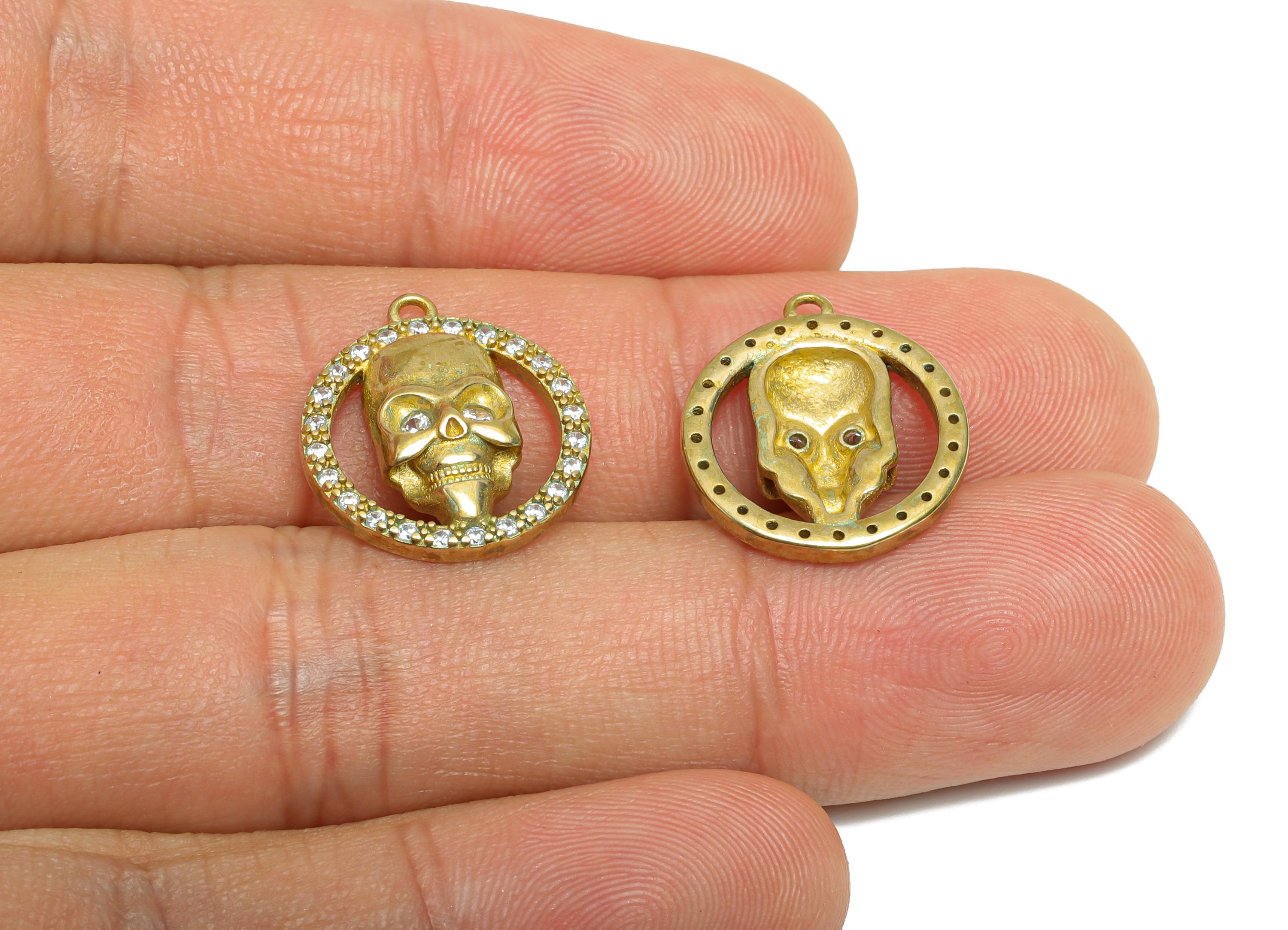 Spooky Skull Earring Charm - Raw Brass Sparkling Heart Pendant - Vintage Gothic Style Charm - Rocker Style Pendant - 19x23x2mm - PP11052 - DOMEDBAZAAR