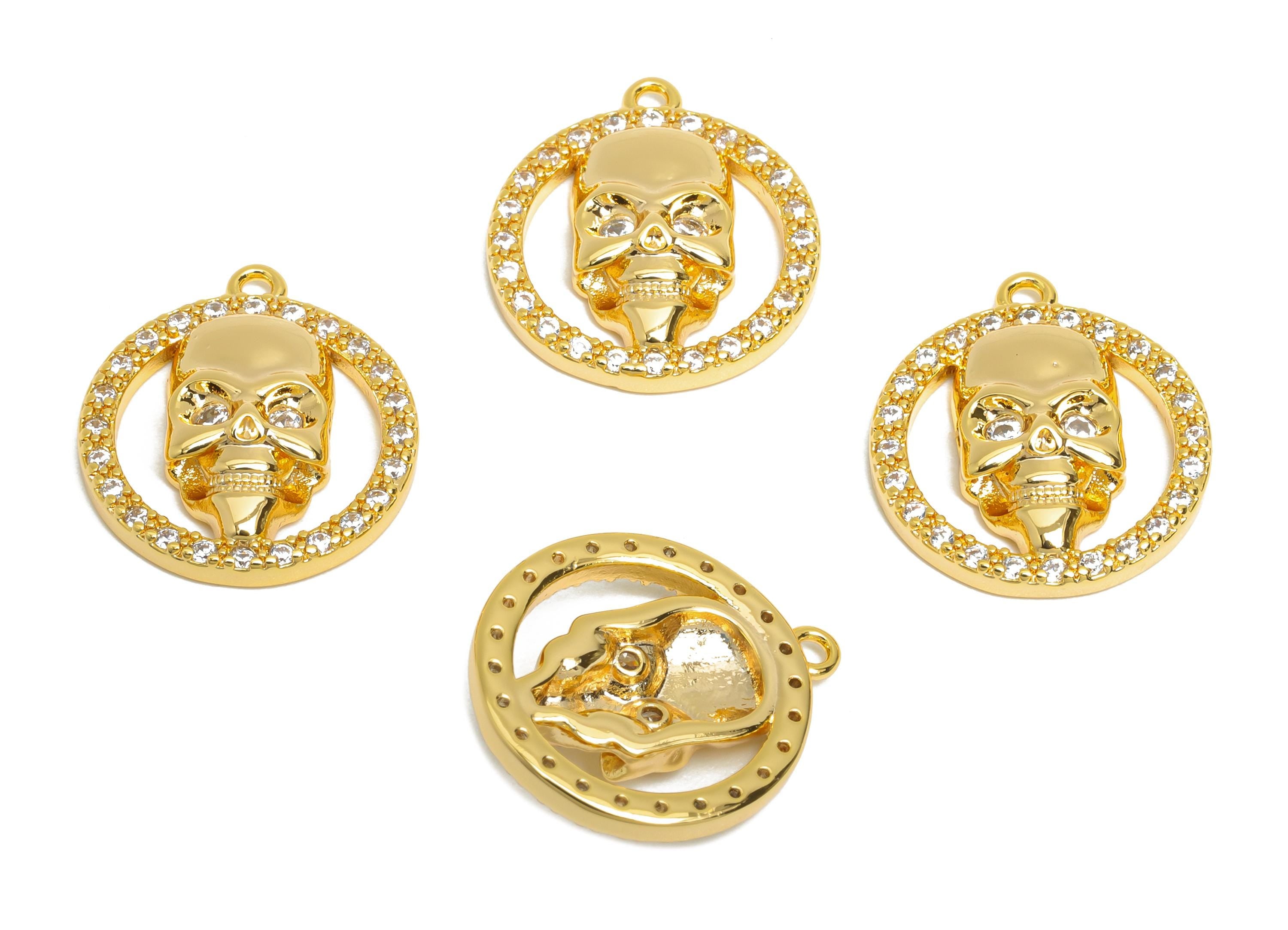 Spooky Skull Charm - Brass Sparkling Heart Pendant - Vintage Gothic Charm - Rocker Style Pendant - 18k Real Gold Plated - 19x23x2mm-RGP10396 - DOMEDBAZAAR