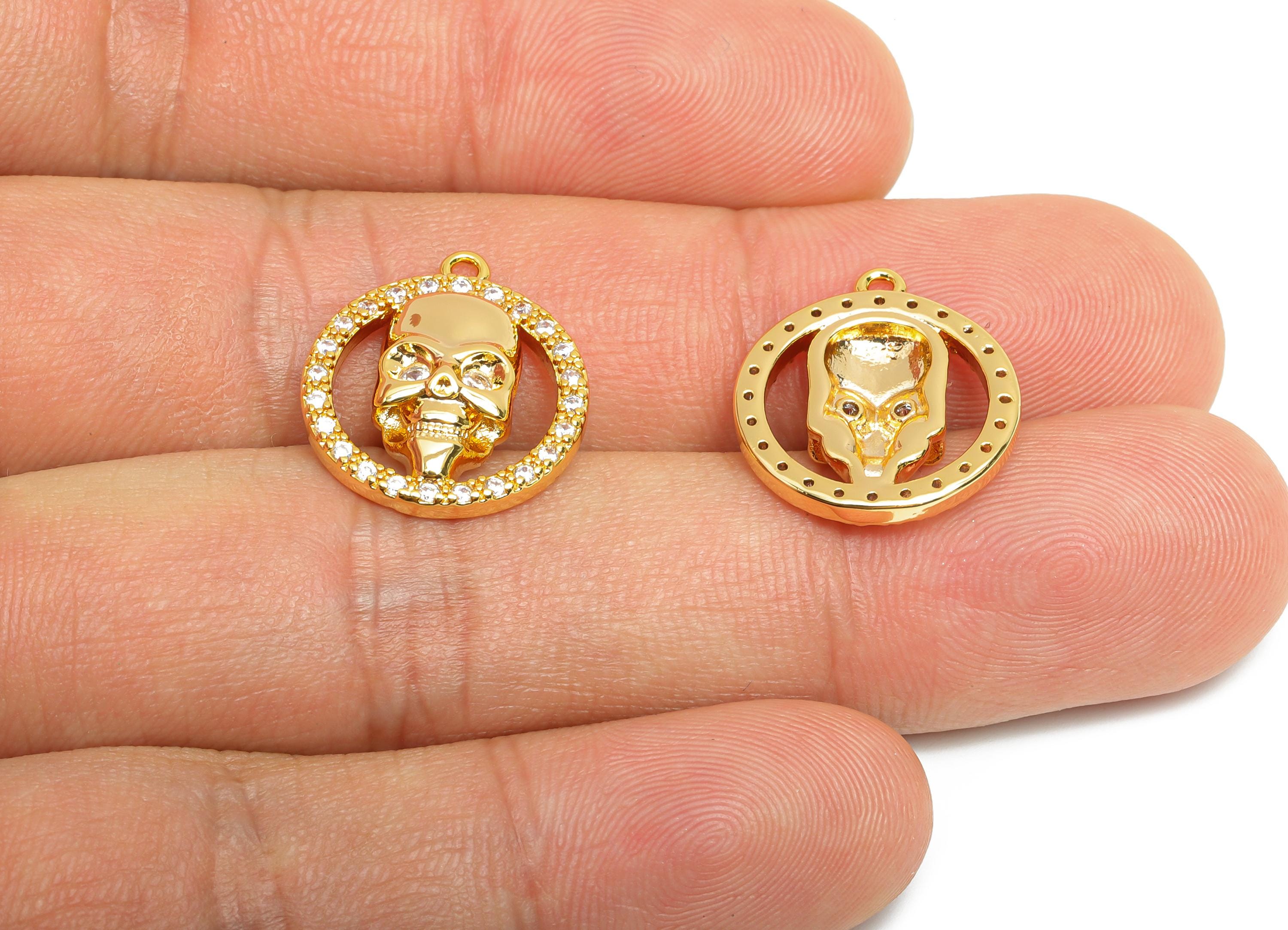 Spooky Skull Charm - Brass Sparkling Heart Pendant - Vintage Gothic Charm - Rocker Style Pendant - 18k Real Gold Plated - 19x23x2mm-RGP10396 - DOMEDBAZAAR