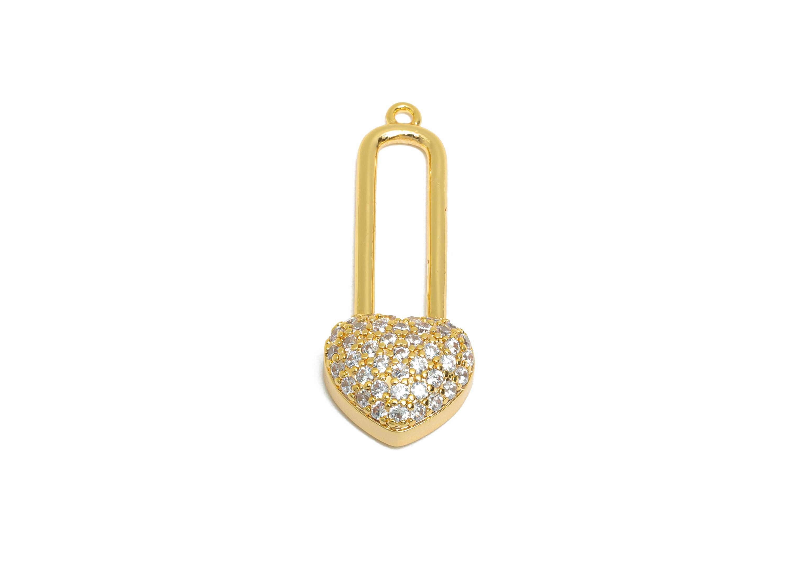 Heart Padlock Charm - Brass Sparkling Heart Pendant - Rhinestone Romantic Crystal Lock Charm - 18K Real Gold Plated - 32x11x4mm - RGP10410 - DOMEDBAZAAR