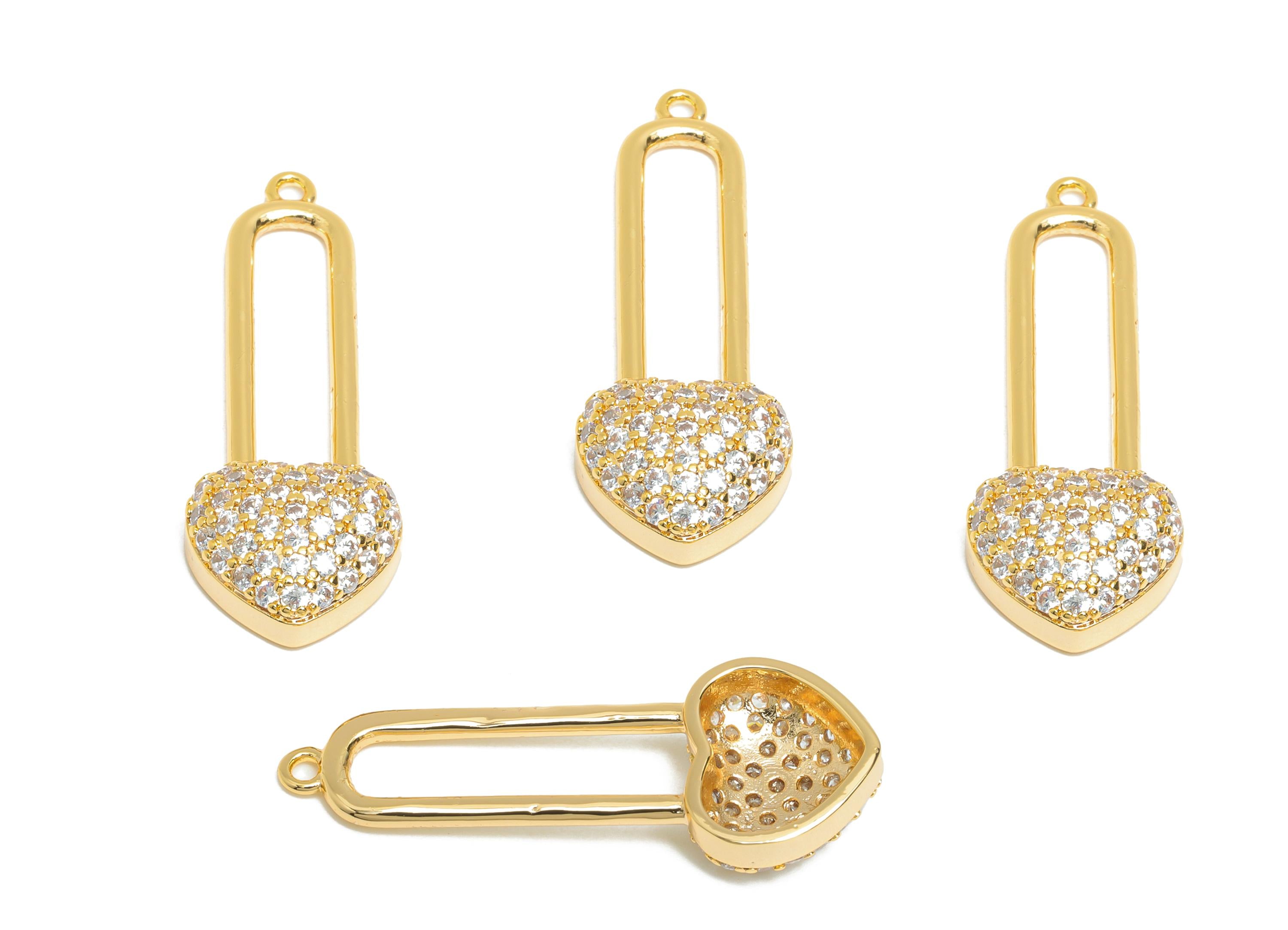 Heart Padlock Charm - Brass Sparkling Heart Pendant - Rhinestone Romantic Crystal Lock Charm - 18K Real Gold Plated - 32x11x4mm - RGP10410 - DOMEDBAZAAR