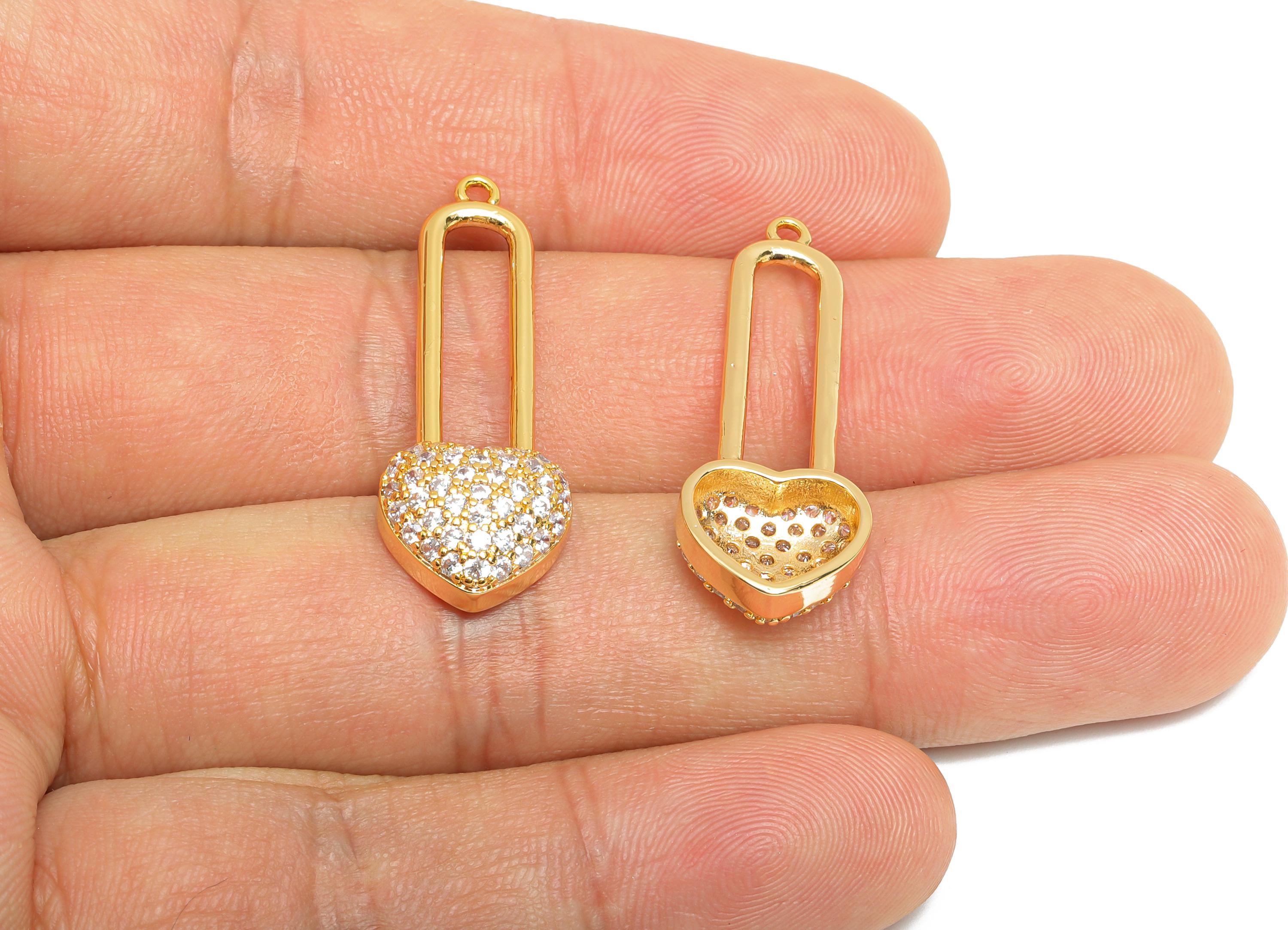 Heart Padlock Charm - Brass Sparkling Heart Pendant - Rhinestone Romantic Crystal Lock Charm - 18K Real Gold Plated - 32x11x4mm - RGP10410 - DOMEDBAZAAR