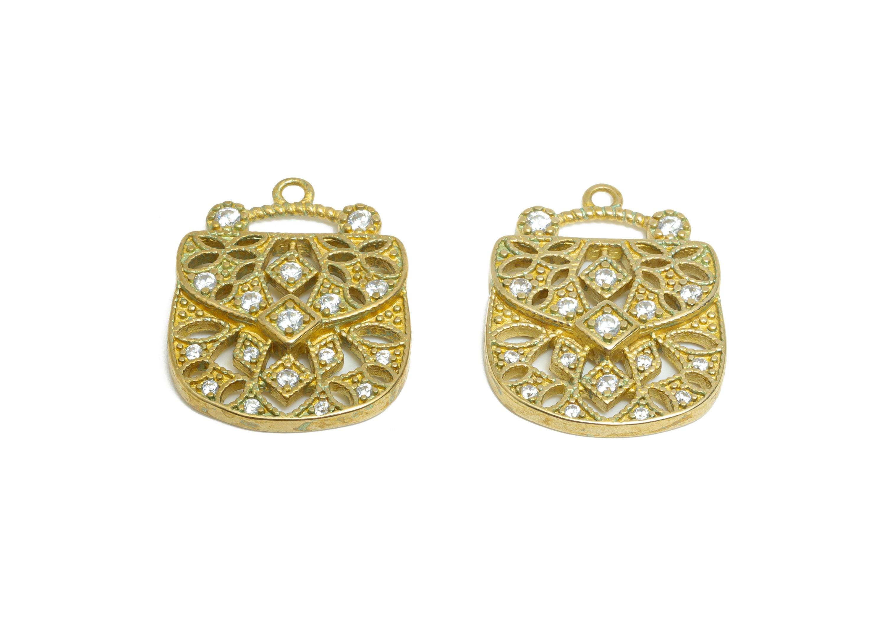 Brass Handbag Charm - Raw Brass Textured Zircon Hollow Elegant Bag Pendant - Brass Fashionable Charm for Accessories - 20x16x2mm - PP11053 - DOMEDBAZAAR