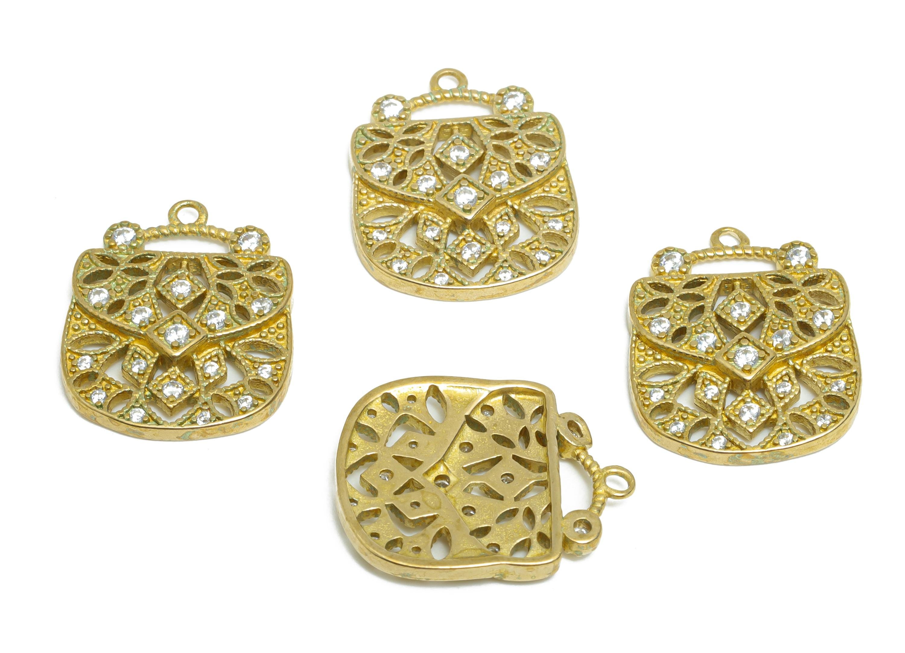Brass Handbag Charm - Raw Brass Textured Zircon Hollow Elegant Bag Pendant - Brass Fashionable Charm for Accessories - 20x16x2mm - PP11053 - DOMEDBAZAAR