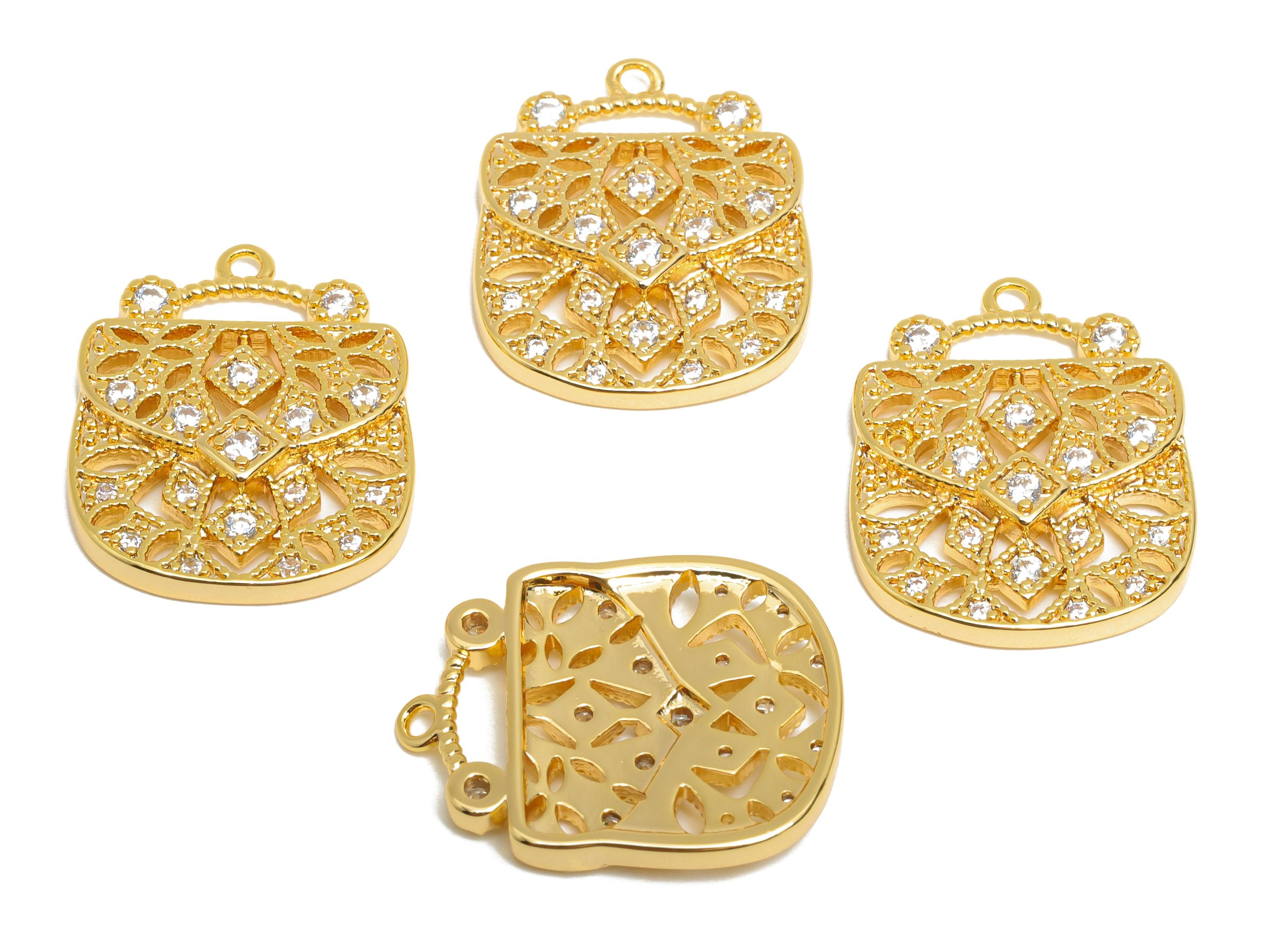 Brass Handbag Charm - Brass Glamorous Zircon Elegant Bag Pendant - Sparkling Fashionable Charm - 18K Real Gold Plated - 20x16x2mm - RGP10397 - DOMEDBAZAAR