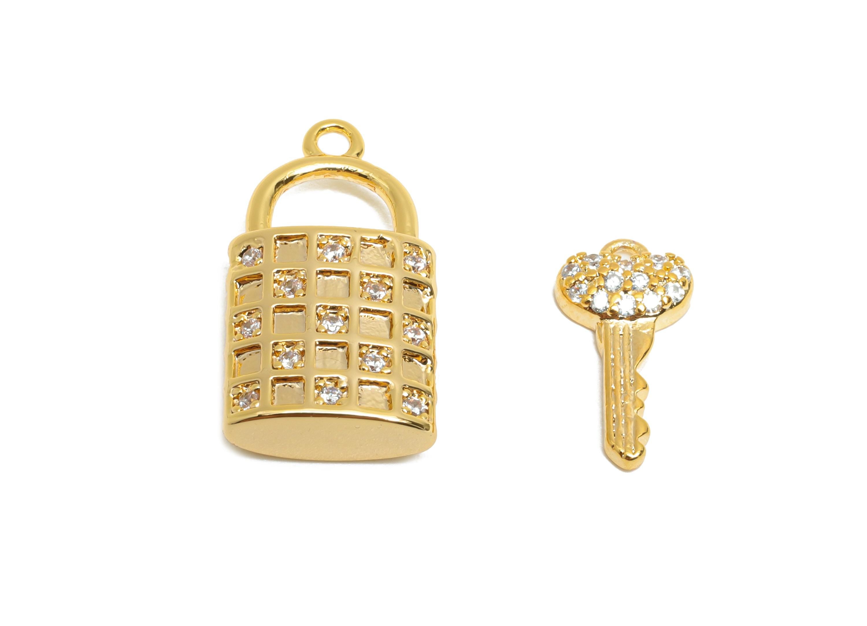 Lock and Key Charm Set - Brass Decorative Lock and Key Jewelry - Jewelry for Love and Trust Charm - 18K Real Gold Plated - 18x9x3mm-RGP10406 - DOMEDBAZAAR