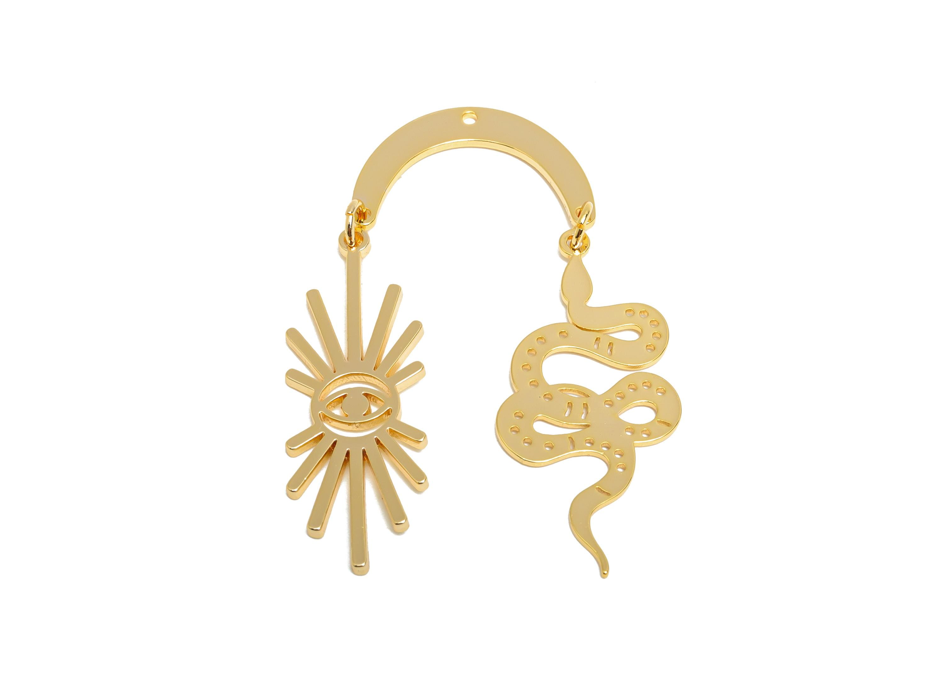 Snake Earring Dangle Charm - Brass Illuminating Sunburst Eye Charm - 18k Real Gold Plating - All Seeing Eye Amulet - 44x19x0.9mm - RGP10414 - DOMEDBAZAAR