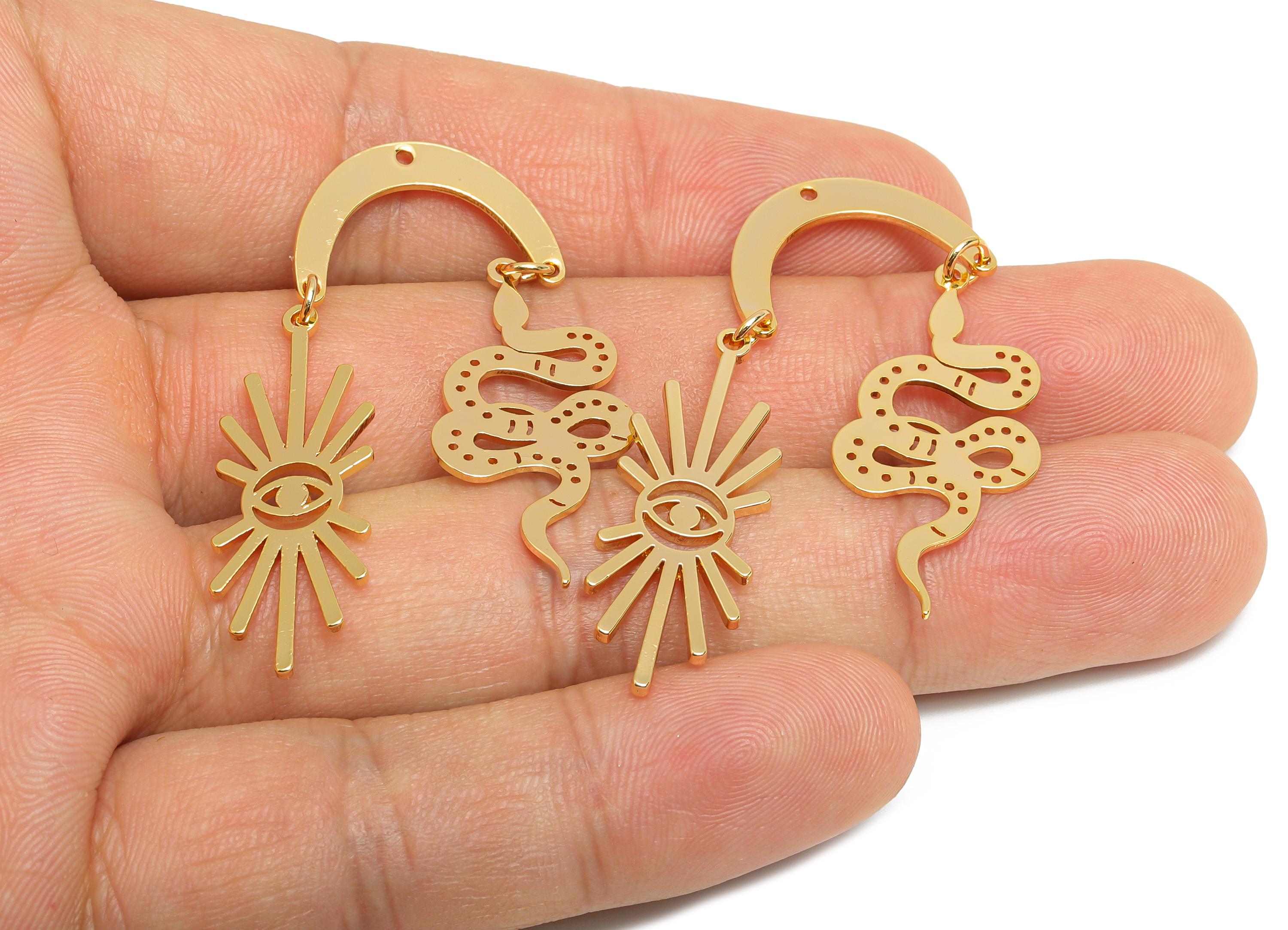 Snake Earring Dangle Charm - Brass Illuminating Sunburst Eye Charm - 18k Real Gold Plating - All Seeing Eye Amulet - 44x19x0.9mm - RGP10414 - DOMEDBAZAAR