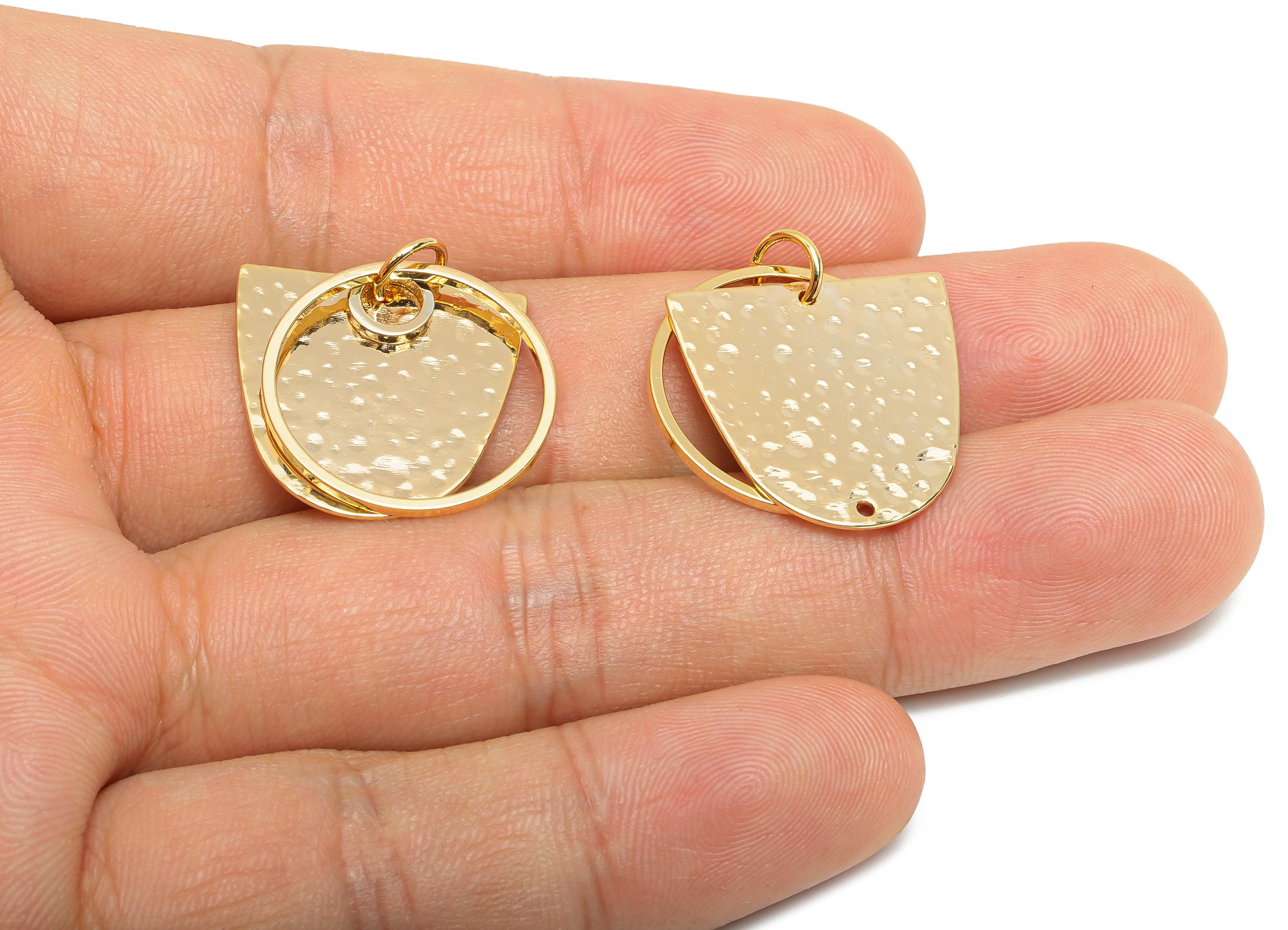 Hammered Dangle Charm - Brass Boho Chic Earring Charm - Layered Geometric Chic Dangle Pendant - 18k Real Gold Plated - 40x19x1mm - RGP10412 - DOMEDBAZAAR