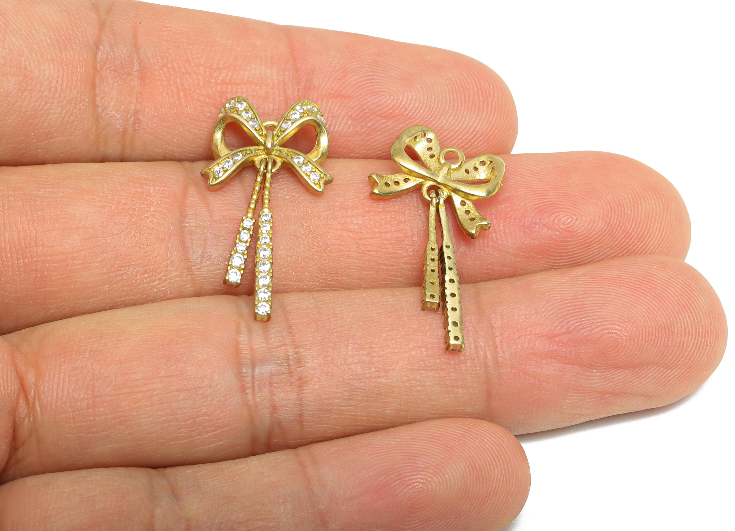 Rhinestone Bow Jewelry - Raw Brass Dangle Bow Charm - Brass Sparkling Bow Tie with Dangling Crystal - Luxury Bow Accent - 27x13x3mm -PP11064 - DOMEDBAZAAR