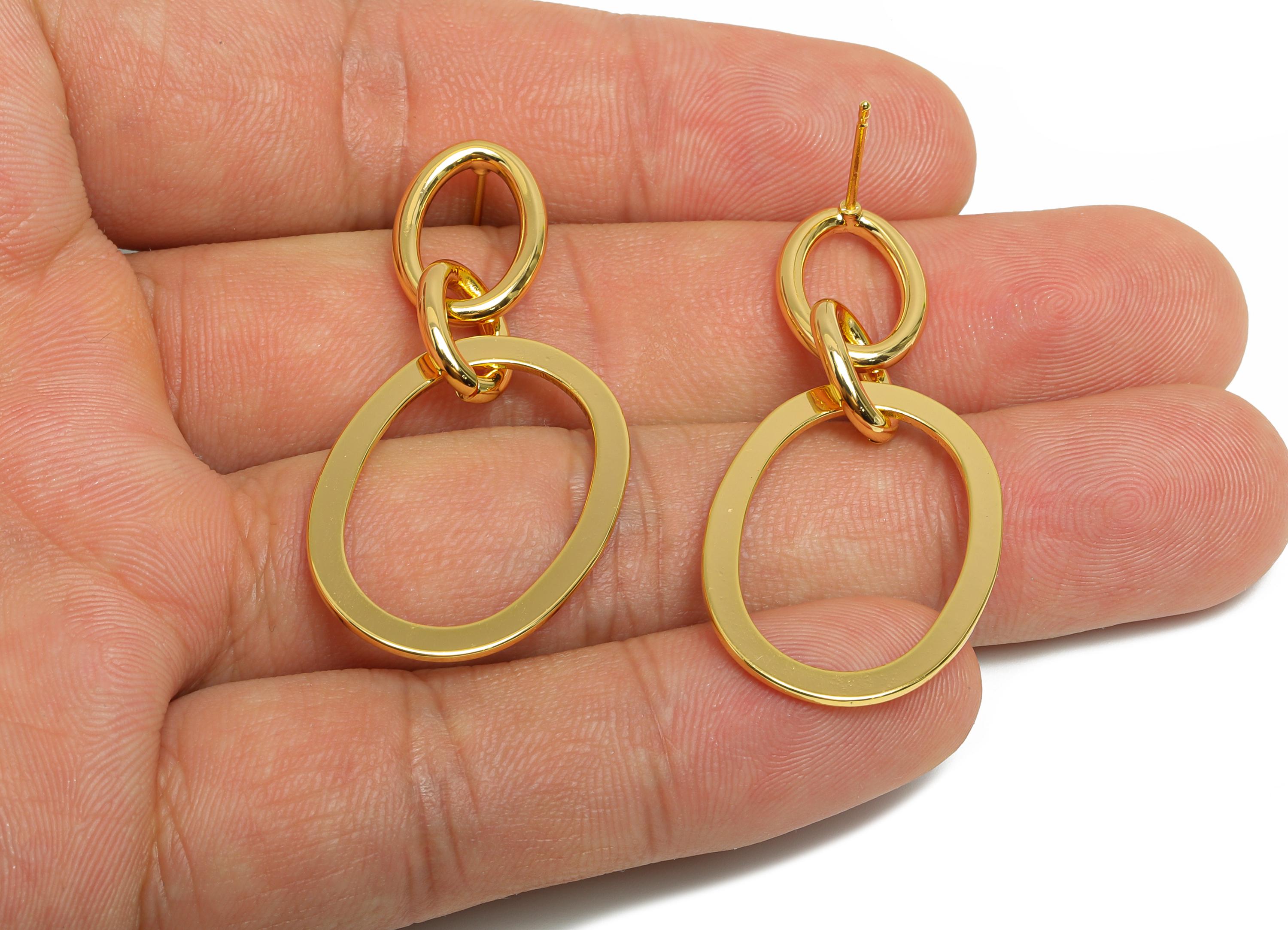 Brass Oval Ring Dangle Earring - Gold Interlock Oval Earring Post - Geometric Hanging Earring Post - 18K Gold Plated - 41x20x1mm - RGP9532 - DOMEDBAZAAR