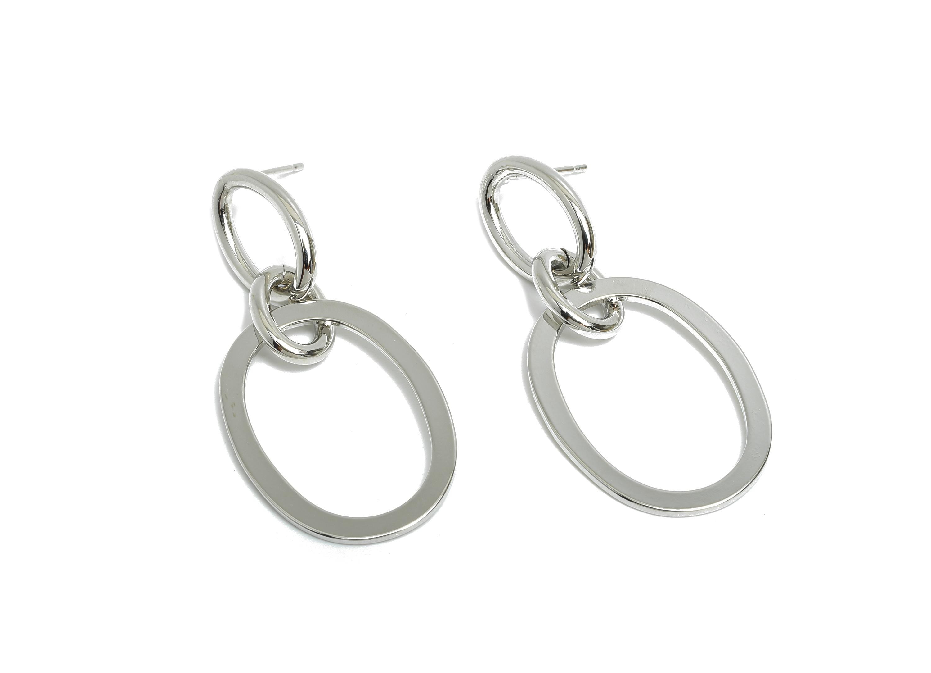 Brass Oval Ring Dangle Earring - Silver Interlock Oval Earring - Geometric Hanging Earring Post - 18K White Gold Plated -41x20x1mm -RGP9532S - DOMEDBAZAAR