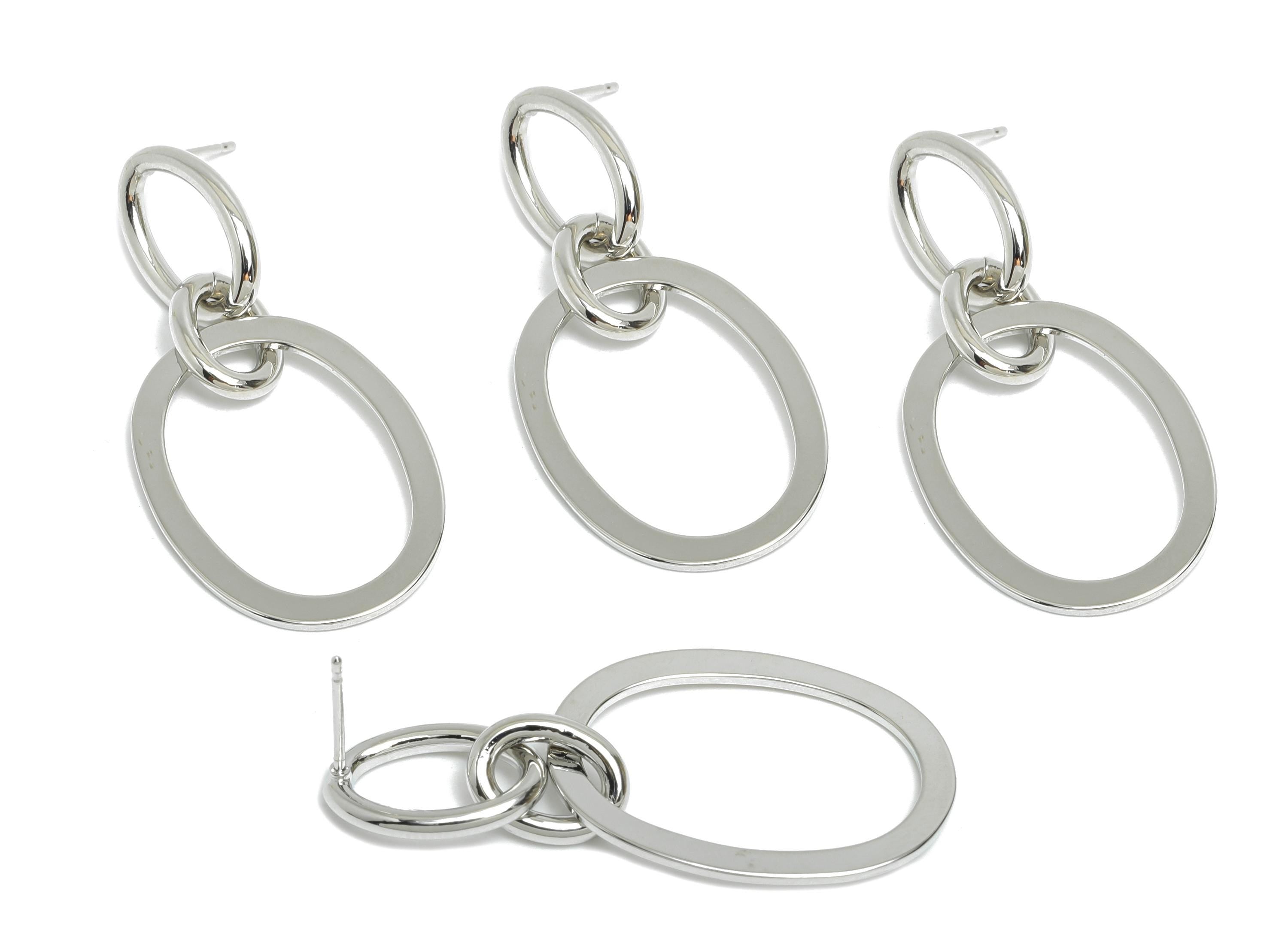 Brass Oval Ring Dangle Earring - Silver Interlock Oval Earring - Geometric Hanging Earring Post - 18K White Gold Plated -41x20x1mm -RGP9532S - DOMEDBAZAAR