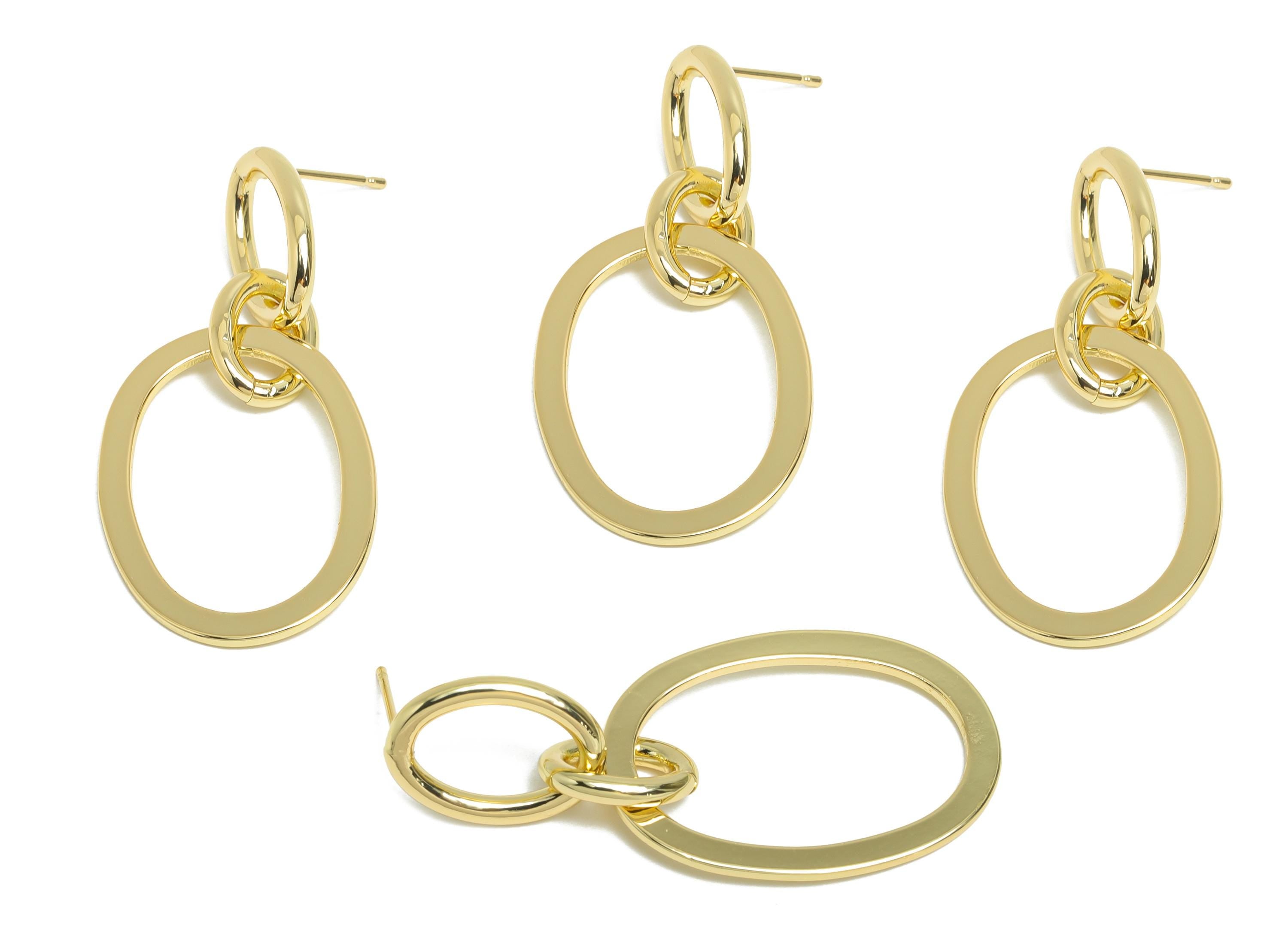 Brass Oval Ring Dangle Earring - Gold Interlock Oval Earring Post - Geometric Hanging Earring Post -14K Gold Plated -41x20x1mm - RGP9532-14 - DOMEDBAZAAR