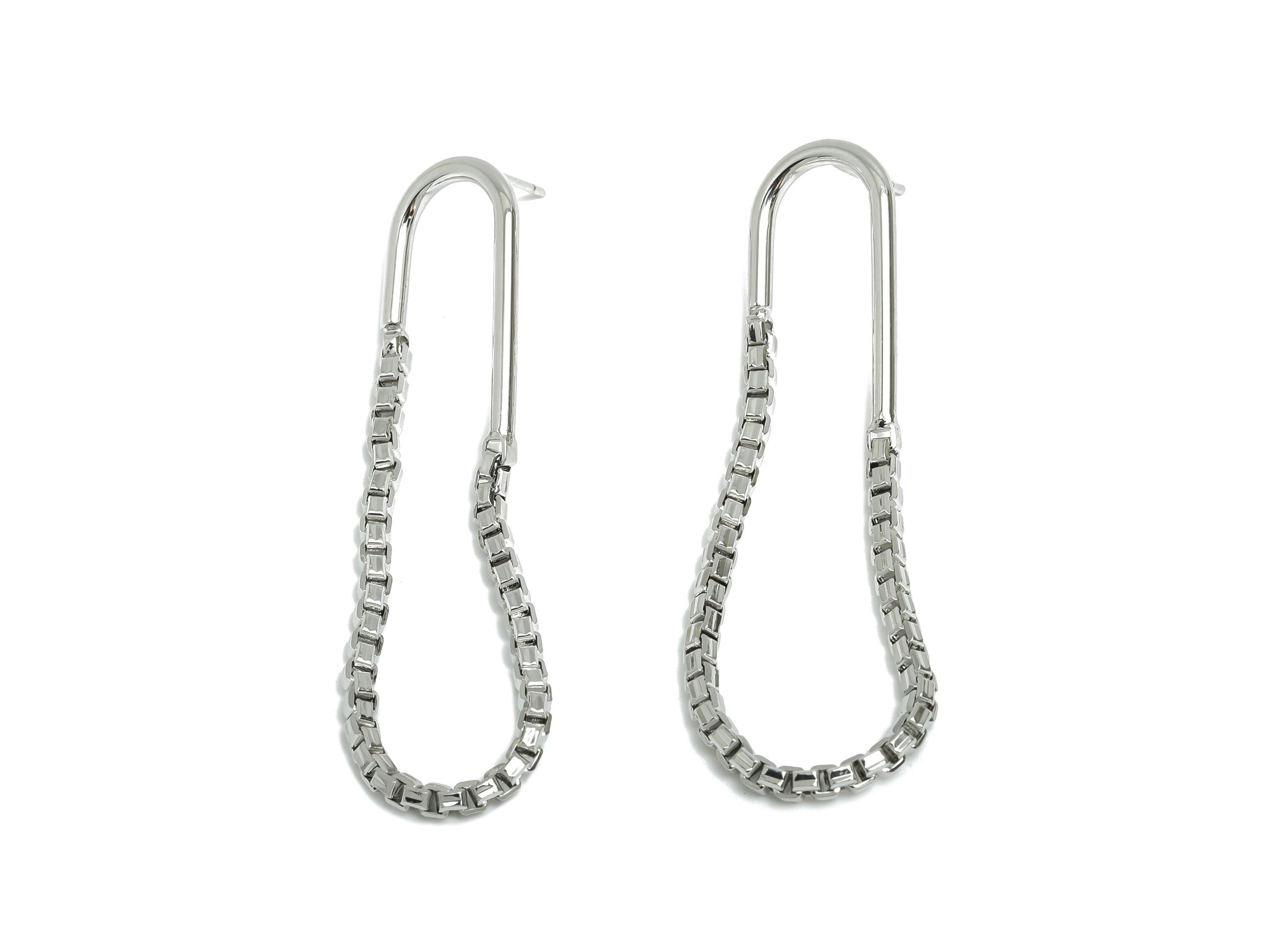 Brass Hanging Earring Stud - Silver Box Chain Earring Post - Geometric Dangle Earrings Post - 18K White Gold Plated - 57x13.2x2mm - RGP9505S - DOMEDBAZAAR