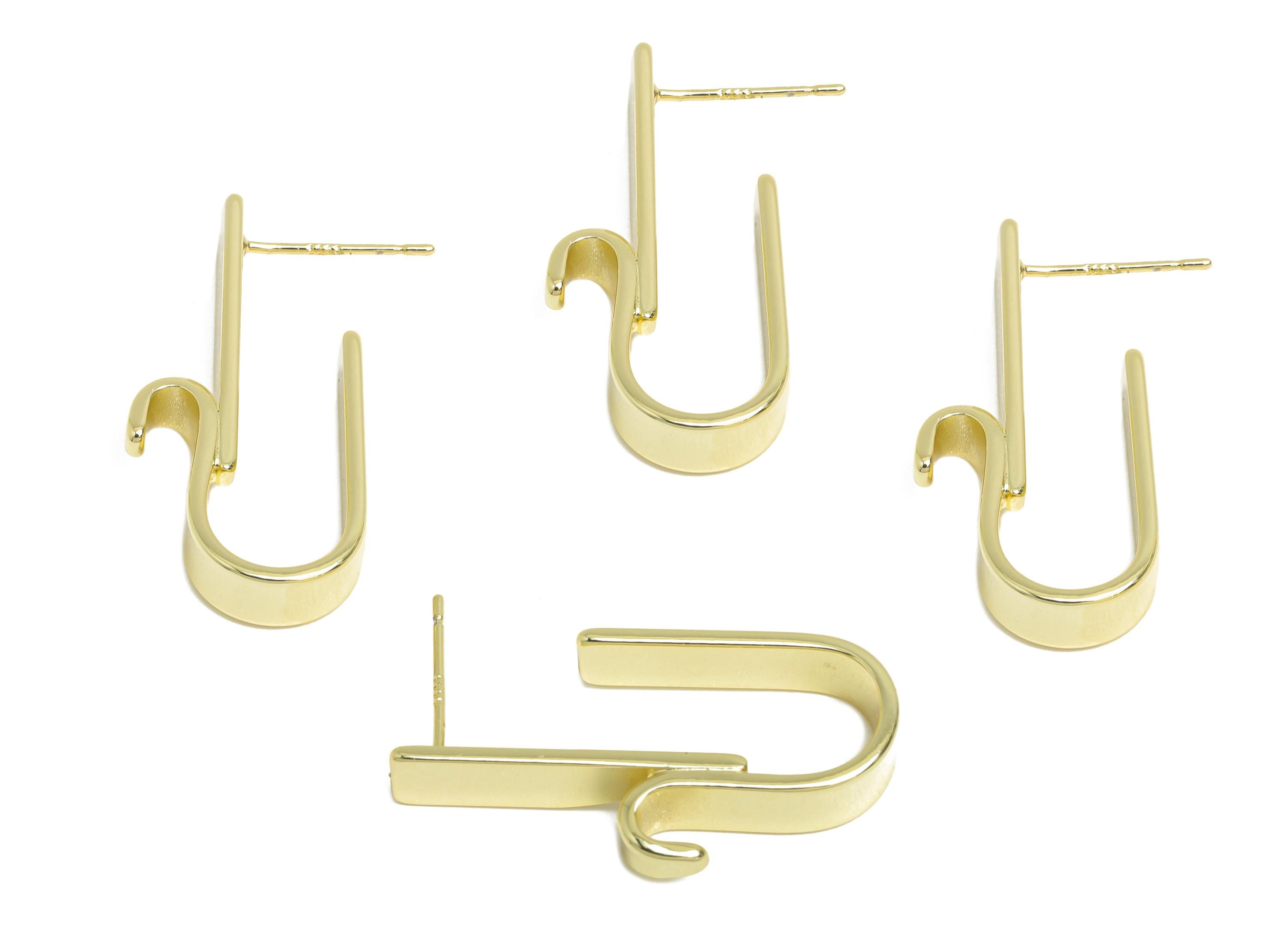 Brass Curved Hook Earrings - Gold Bold Hook Earrings Stud - Abstract U-Shaped Earrings - 14K Real Gold Plating - 30.6x15.5x5mm - RGP9523-14 - DOMEDBAZAAR