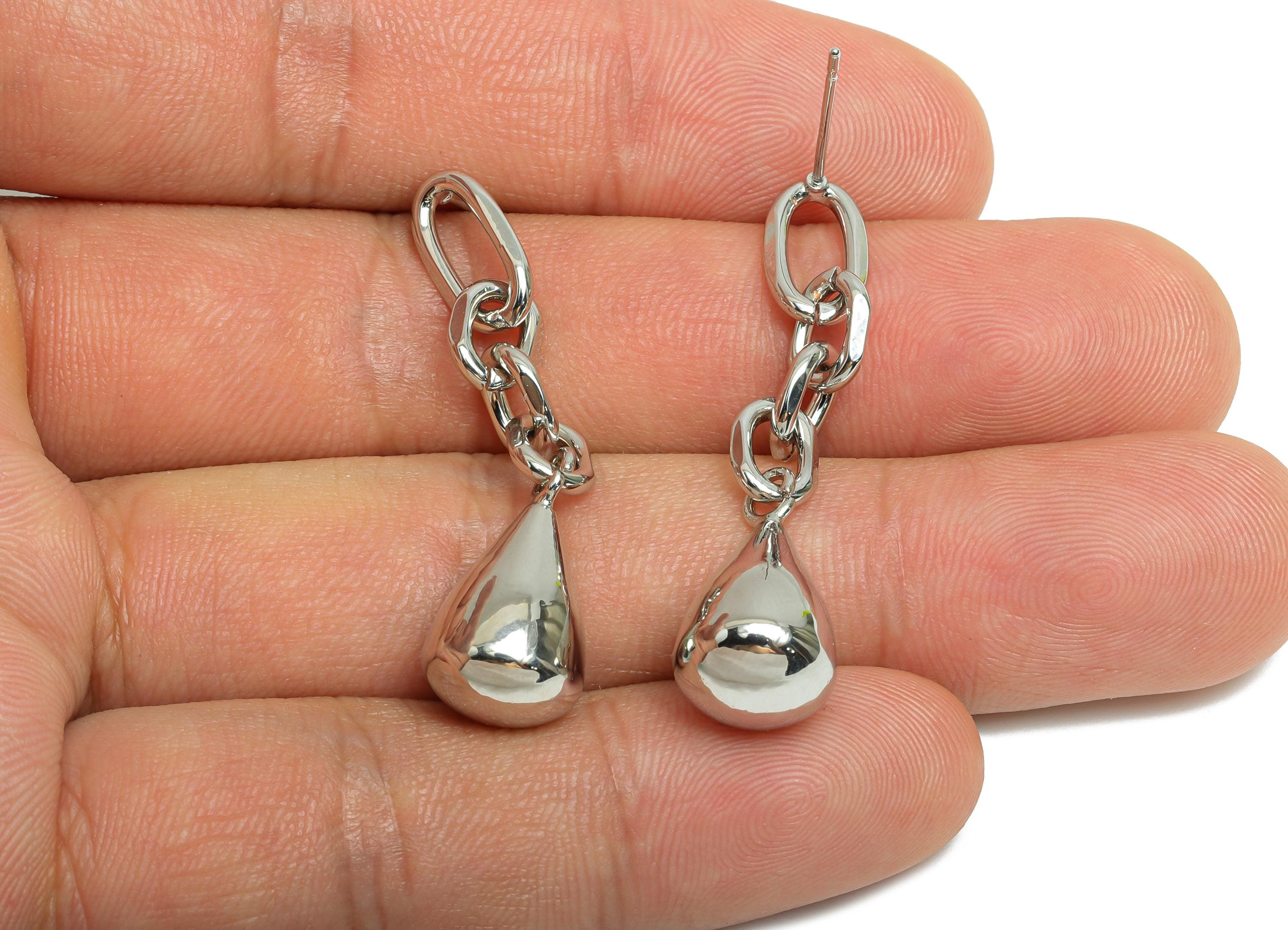 Brass Dangle Chain Earring - Silver Hanging Chain Earring Post - Interlock Drop Chain Earring -18K White Gold Plated -42x9.9x9.9mm -RGP9508S - DOMEDBAZAAR