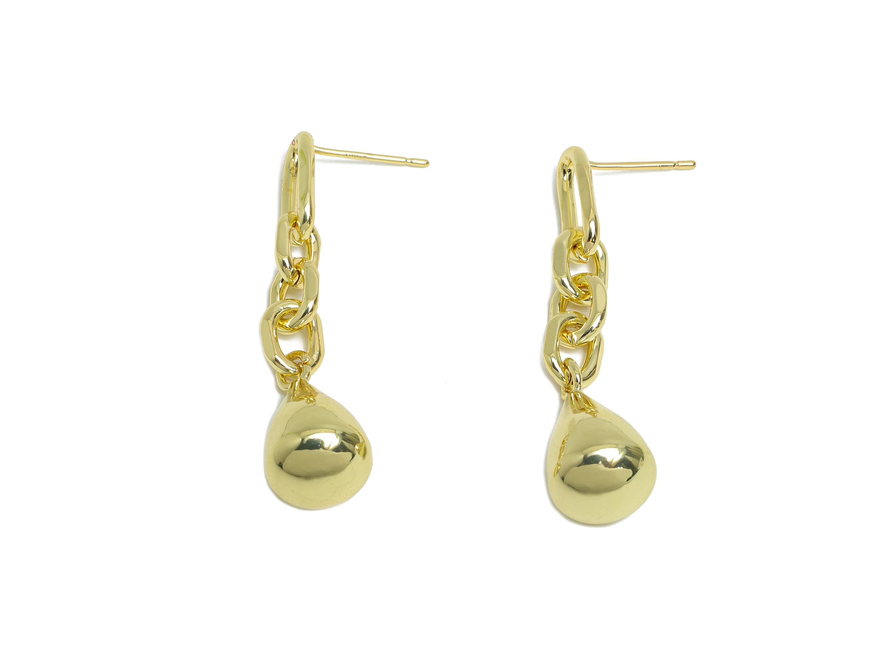 Brass Dangle Chain Earring - Gold Hanging Chain Earring Post - Interlock Drop Chain Earring - 14K Real Gold Plated -42x9.9x9.9mm -RGP9508-14 - DOMEDBAZAAR