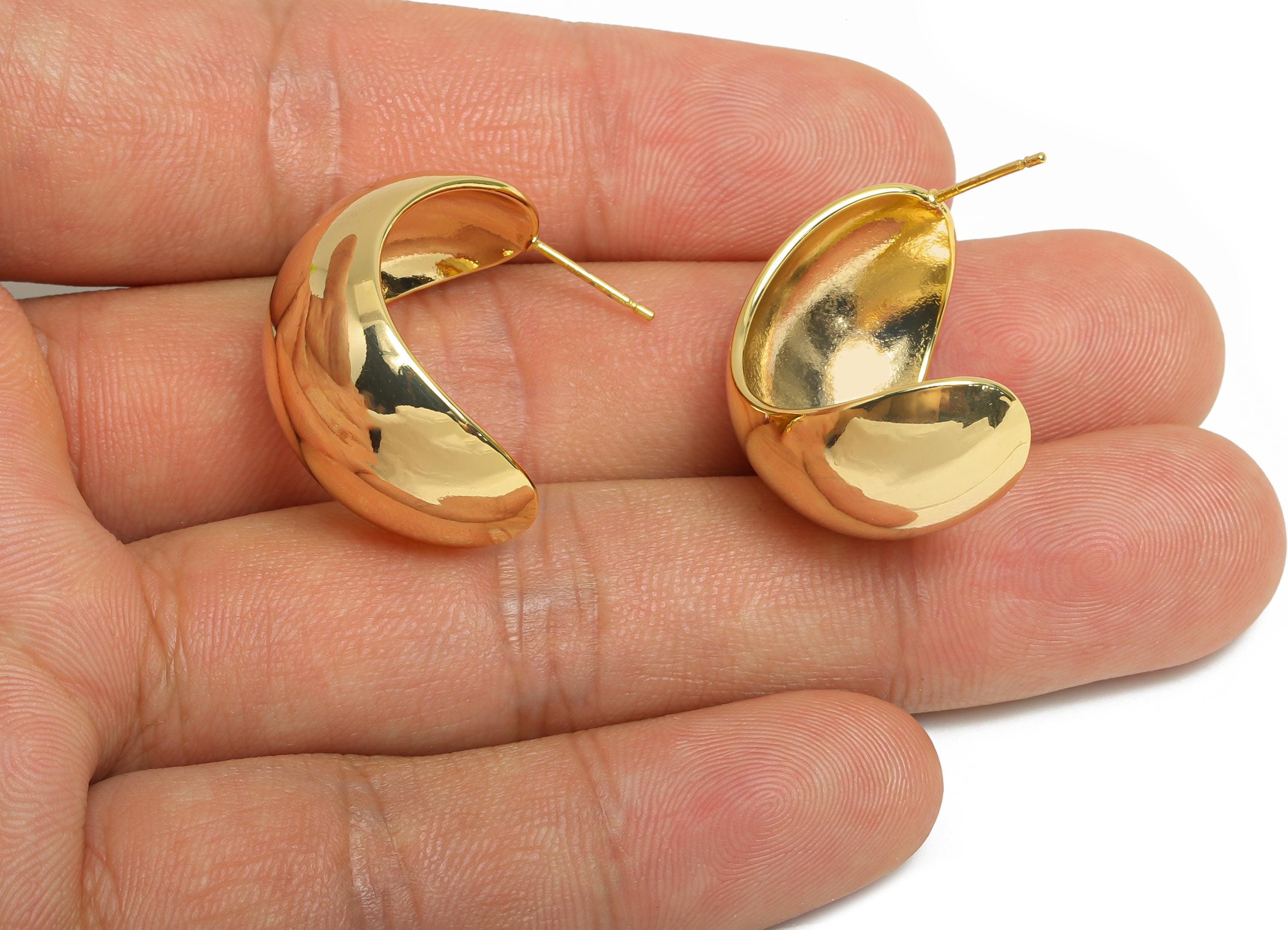 Gold Crescent Hoop Earring - Brass Bold Crescent Earring Stud - Chunky Crescent Earring Post - 18K Real Gold Plated - 25.5x18x15mm - RGP9521 - DOMEDBAZAAR