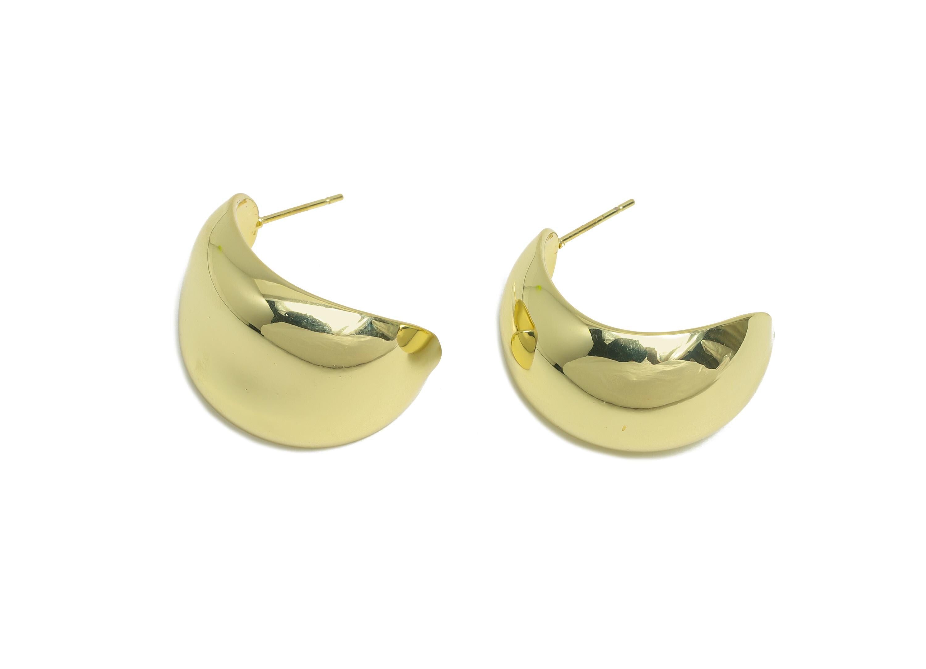 Gold Crescent Hoop Earring - Brass Bold Crescent Earring Stud - Chunky Crescent Earring Post -14K Real Gold Plated -25.5x18x15mm -RGP9521-14 - DOMEDBAZAAR