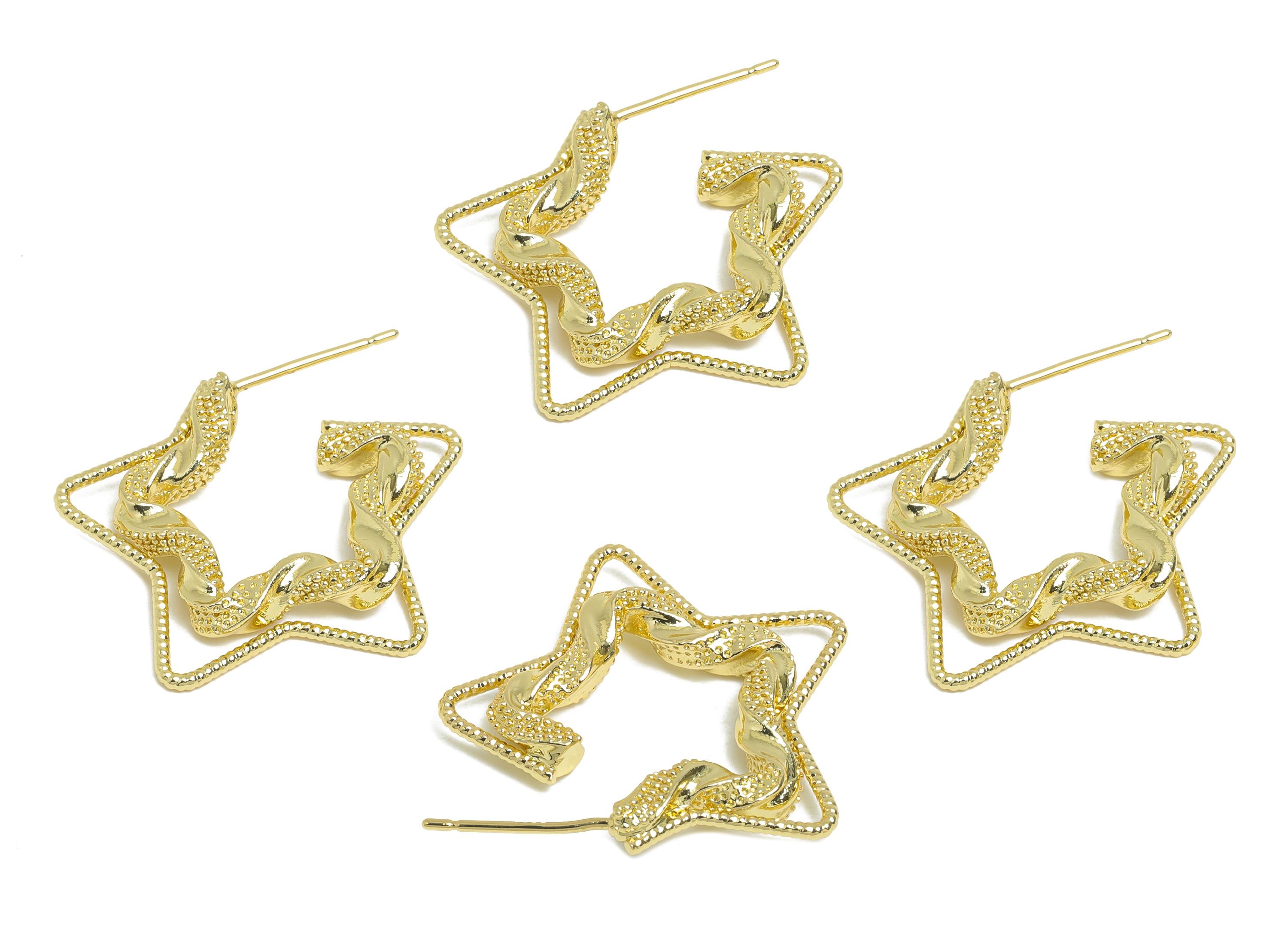 Brass Star Hoop Earring Stud - Gold Twisted Star Earrings Post - Geometric Textured Earrings - 14K Real Gold-Plated -26x21x4mm - RGP9518-14 - DOMEDBAZAAR