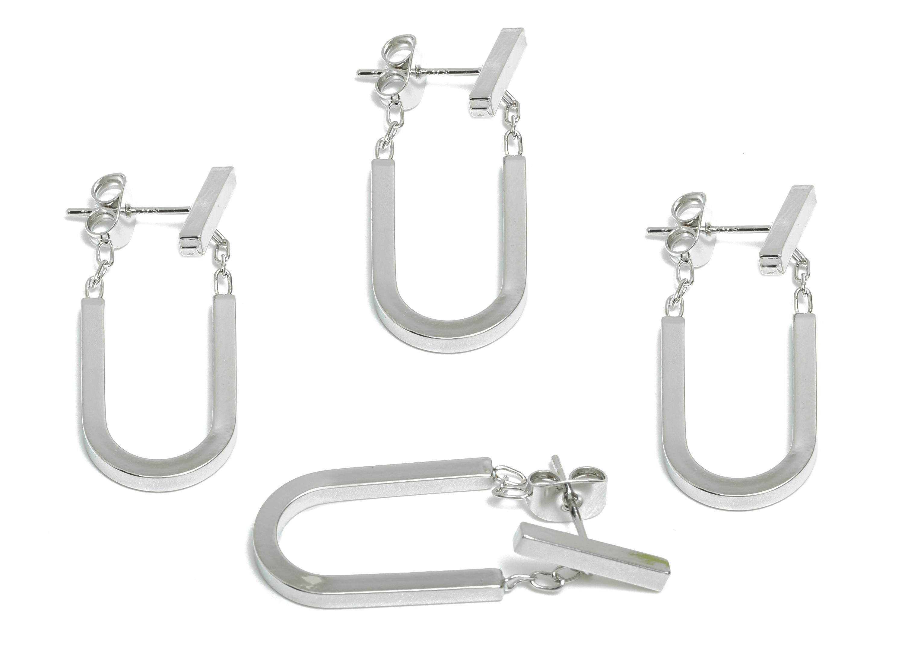 Brass Dangle U-Shaped Earring - Elegant Silver Earring Stud - Geometric U-Shaped Ear Jacket - 18K White Gold-Plated - 30x13x2mm - RGP9510S - DOMEDBAZAAR