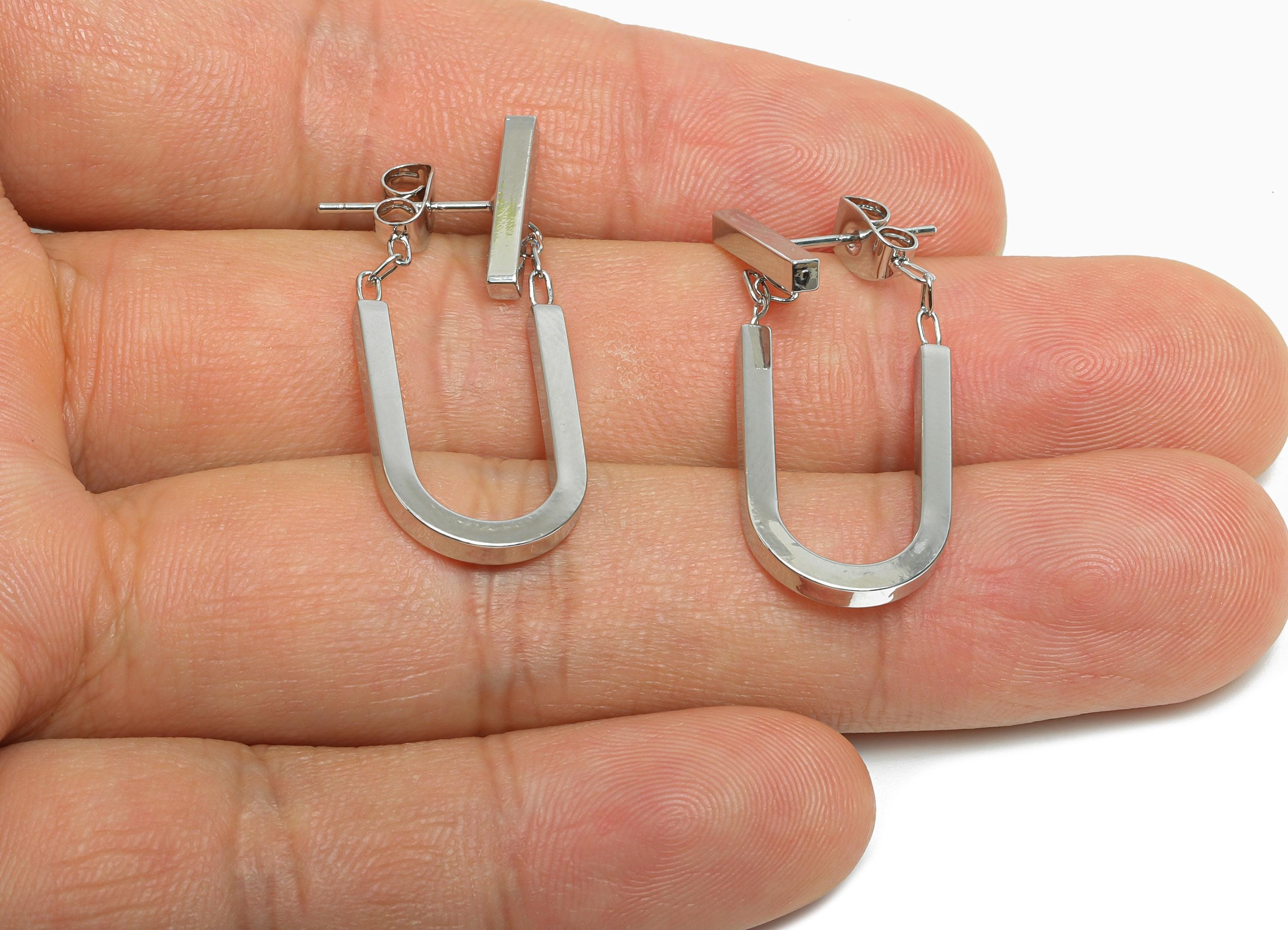 Brass Dangle U-Shaped Earring - Elegant Silver Earring Stud - Geometric U-Shaped Ear Jacket - 18K White Gold-Plated - 30x13x2mm - RGP9510S - DOMEDBAZAAR