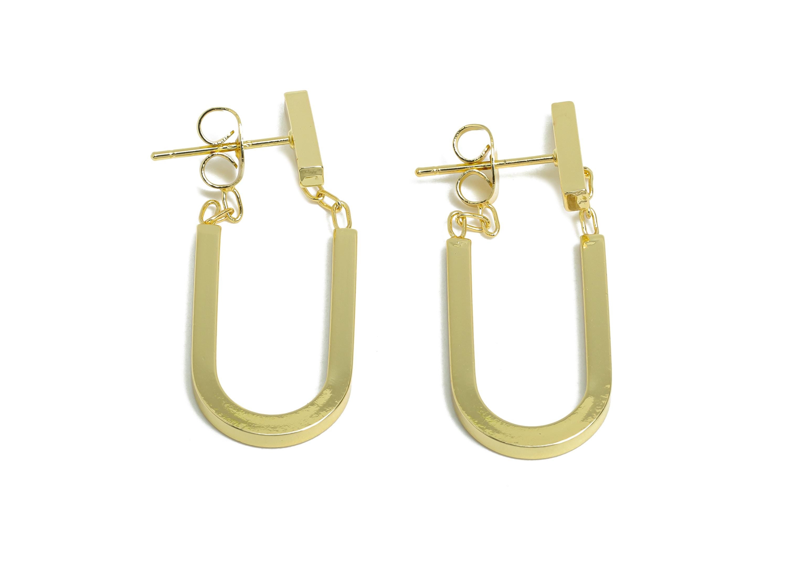 Brass Dangle U-Shaped Earrings - Elegant Gold Earring Stud - Geometric U-Shaped Ear Jacket - 14K Real Gold-Plated - 30x13x2mm - RGP9510-14 - DOMEDBAZAAR